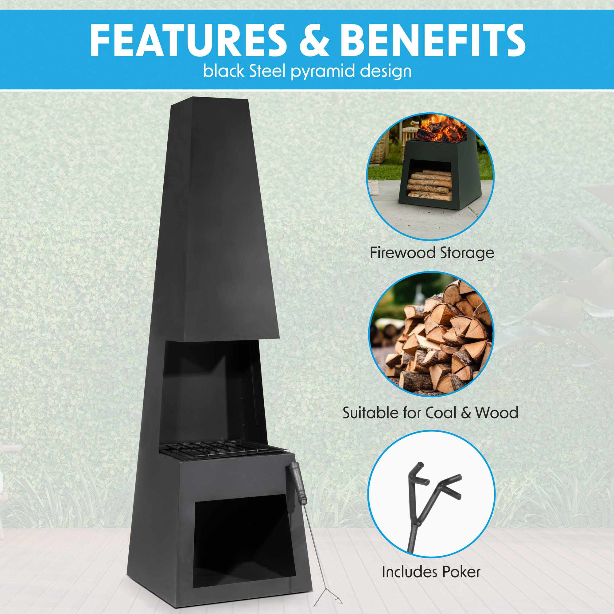 Pyramid Chiminea Outdoor Fireplace - Black Steel Patio Heater with Firewood Storage (DG107) - Perfect for Backyard, Garden, and Camping Gatherings