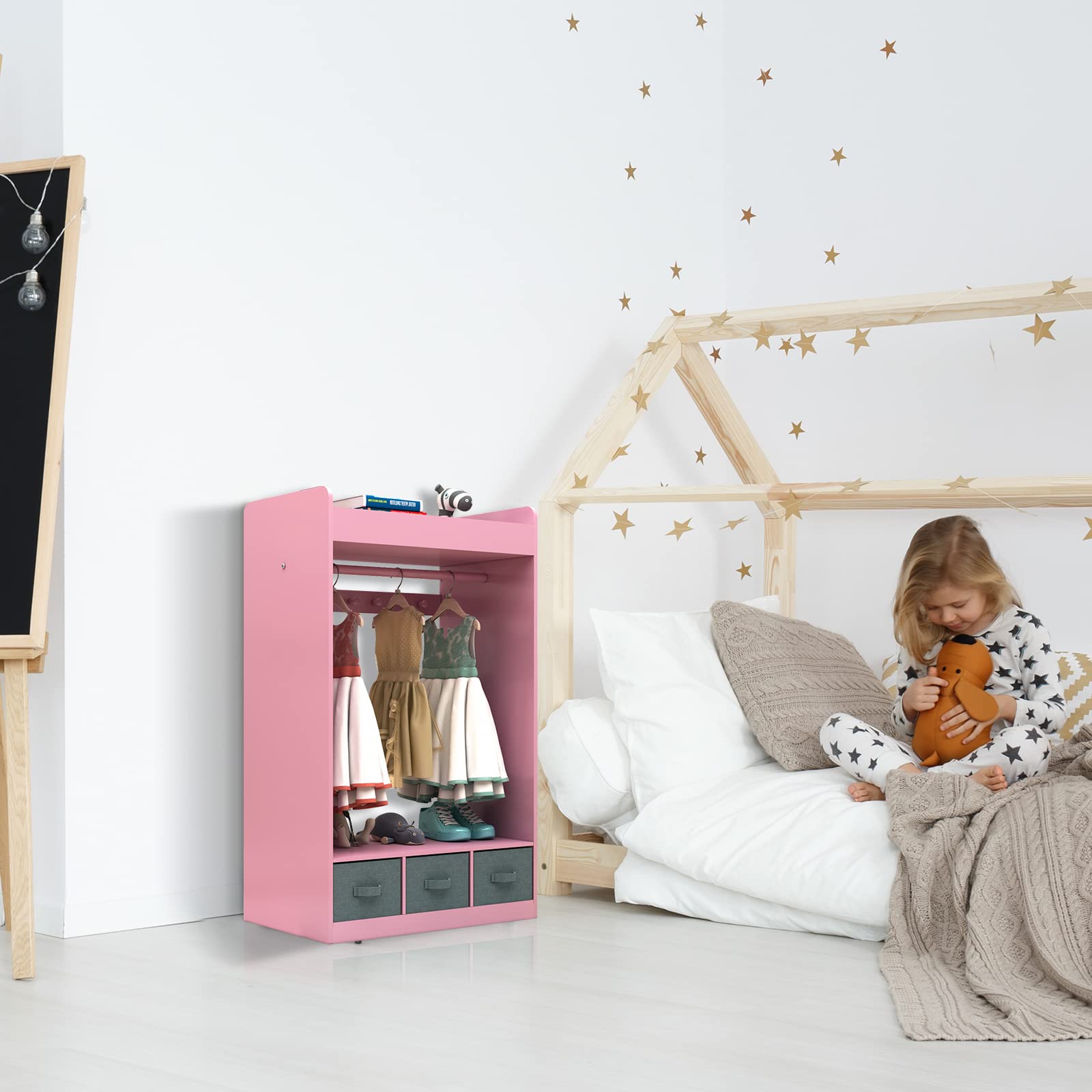 Pink Kids Costume Rack with Mirror & Storage Bin - Children's Dress Up Storage Organizer, Play Armoire Dresser for Pretend Play - Perfect for Bedroom, Playroom & Dress Up Corner