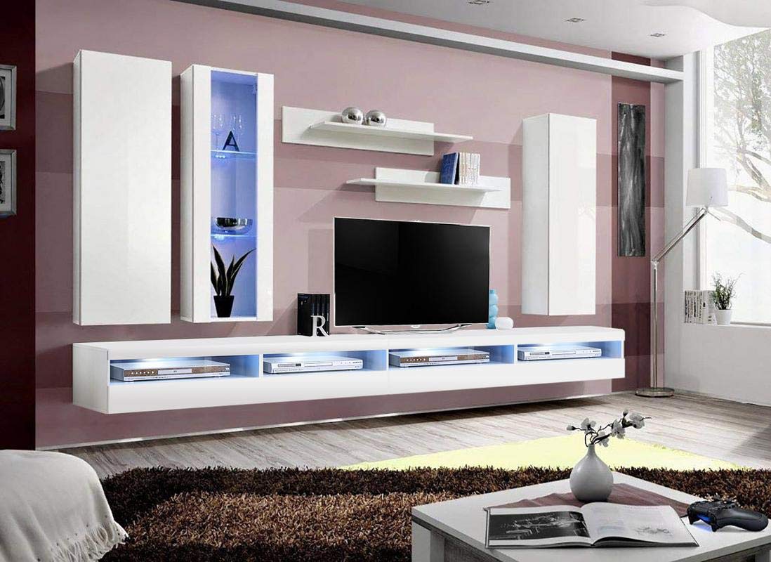 Modern White Wall-Mounted TV Stand with Storage Shelves & LED Lights - 35