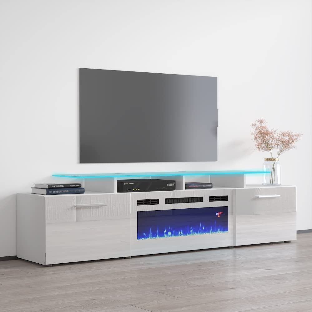 Modern High Gloss Fireplace TV Stand with Storage Cabinets & 16-Color LED Lights - Rova WH-EF Entertainment Center Console Table (White/Black) - Perfect for Living Room, Bedroom & Home Theater Setup