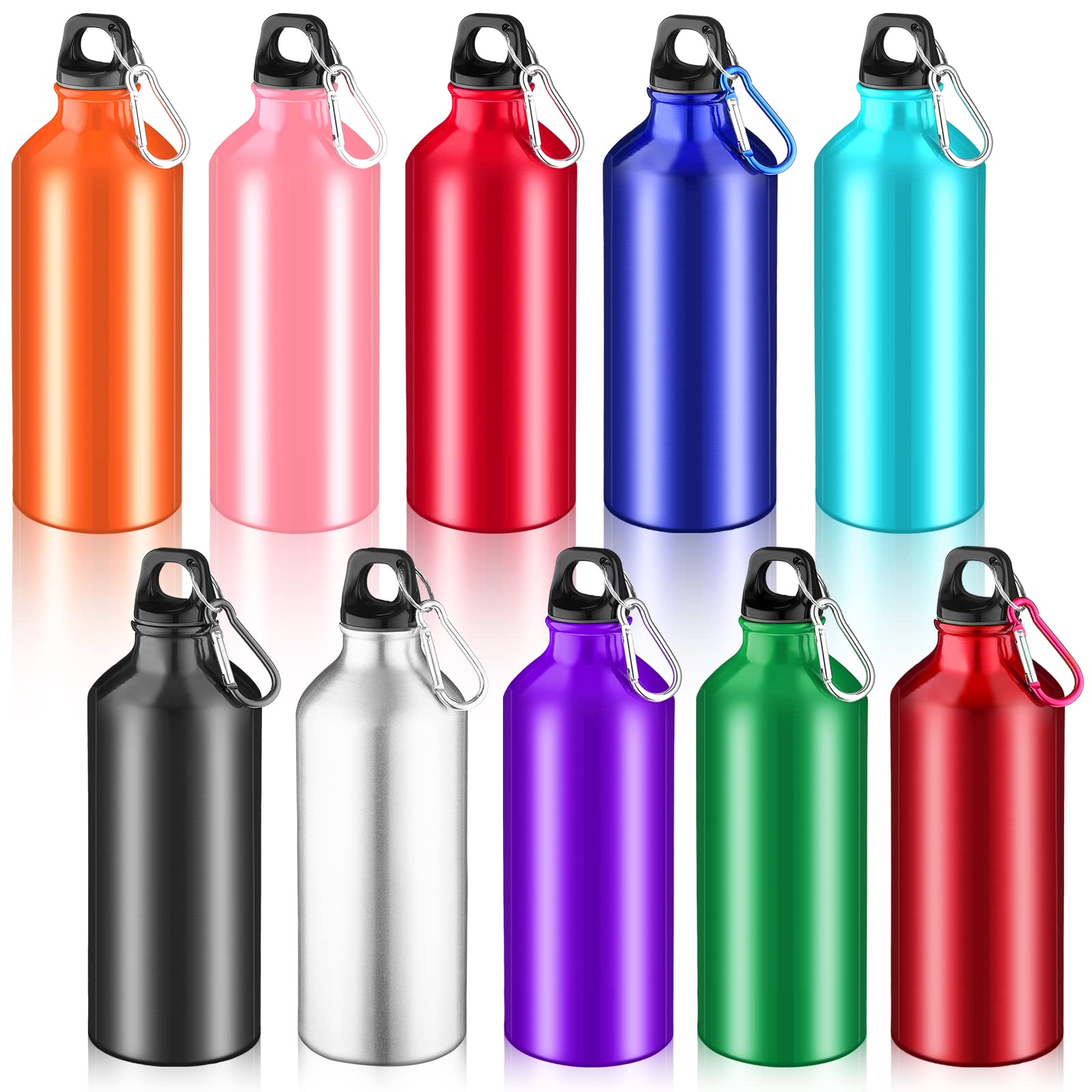 10 Pack 20 oz Aluminum Water Bottles - Lightweight Reusable & Leak Proof with Carabiner Clip - Bulk Sports Water Bottles for Gym, Hiking, Cycling, Camping & Outdoor Activities