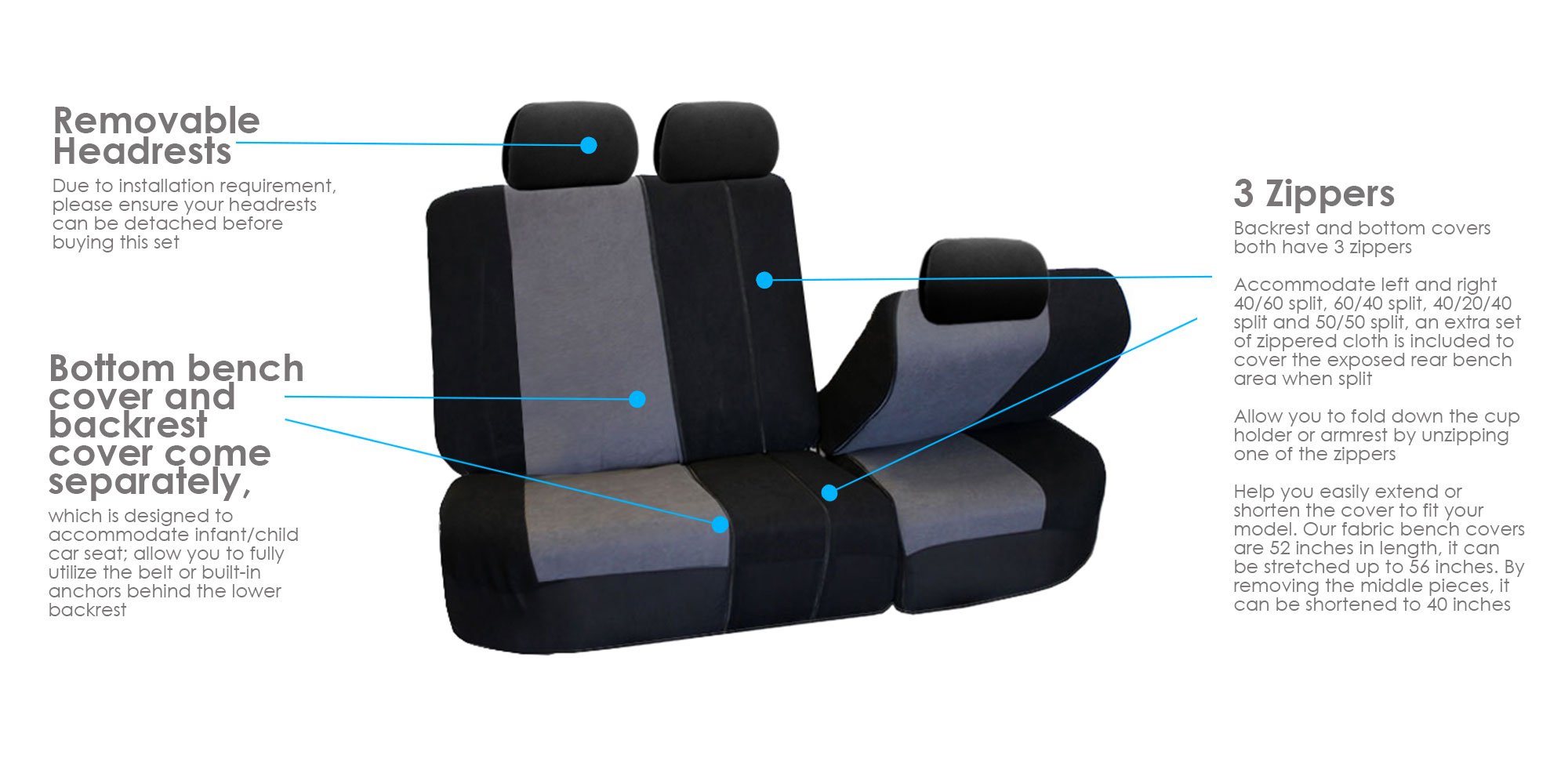FH Group 3D Air Mesh Car Seat Covers Full Set - Universal Fit for SUV & Sedan | Low Back Front & Split Bench Rear Seats | Airbag Compatible & Washable (Gray) | Perfect for Daily Commute, Road Trips & Hot Weather Driving