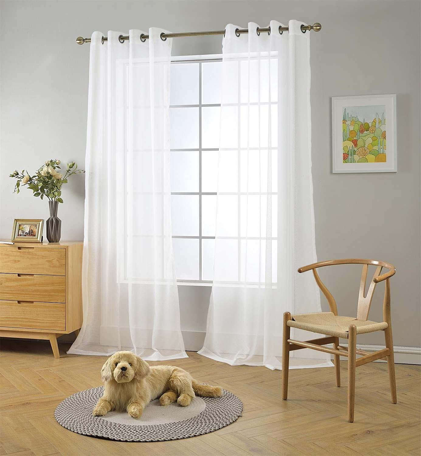 MIUCO 2 Panels White Grommet Curtains - Textured Sheer Window Drapes 54
