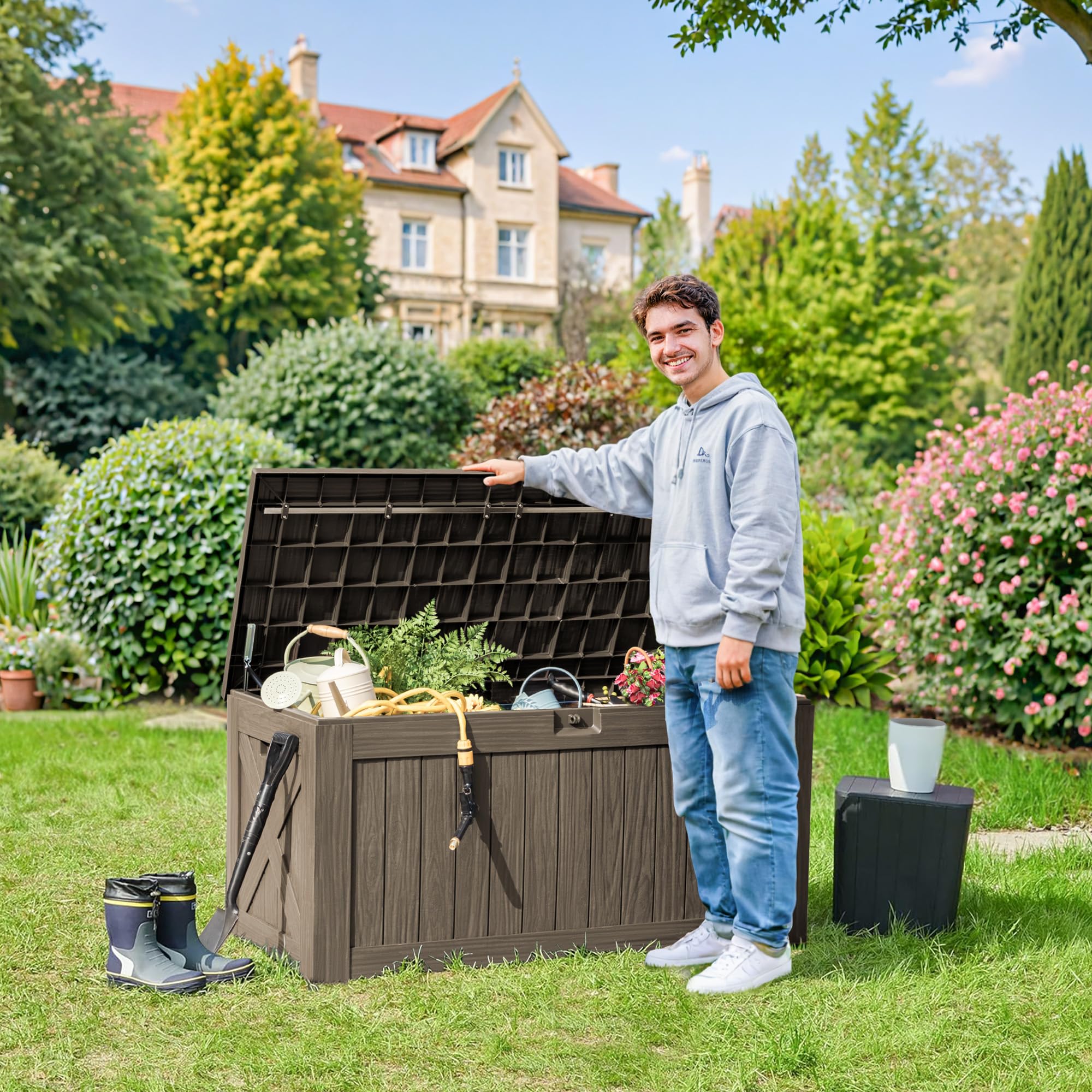 Flamaker 120 Gallon Waterproof Resin Deck Storage Box - Large Outdoor Indoor Deck Box with Wood Grain Finish for Patio Furniture, Garden Tools & Pool Accessories (Brown) | Perfect for Backyard, Deck, Poolside & Garage Organization