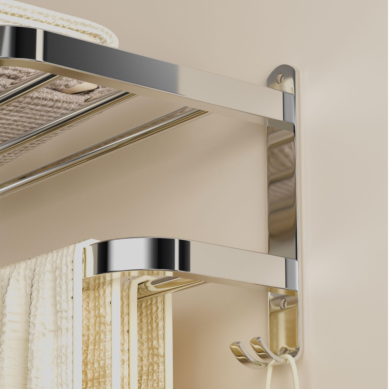 Stainless Steel Bathroom Towel Rack with Double Bars & Hooks - 23 Inch Wall Mounted Shelf for Towels & Bath Accessories - Perfect for Hotel, Spa & Home Bathroom Organization