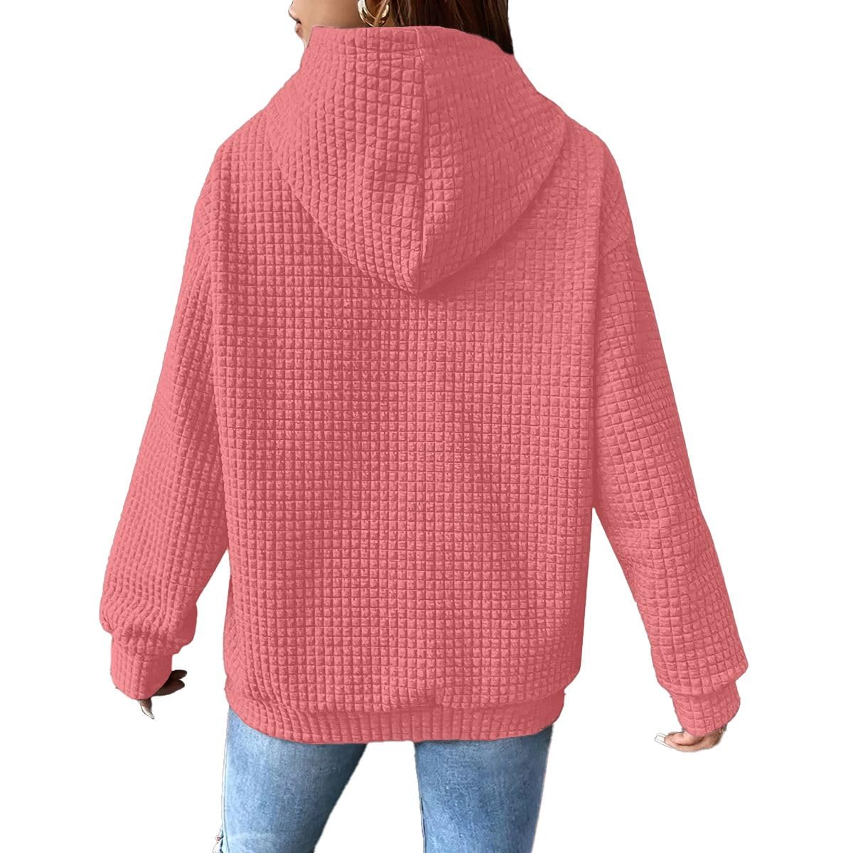 Women's Casual Drawstring Waffle Hoodie - Long Sleeve Loose Fit Hooded Sweatshirt with Pocket | Cozy Fall Pullover for Lounge, Travel & Outdoor Activities