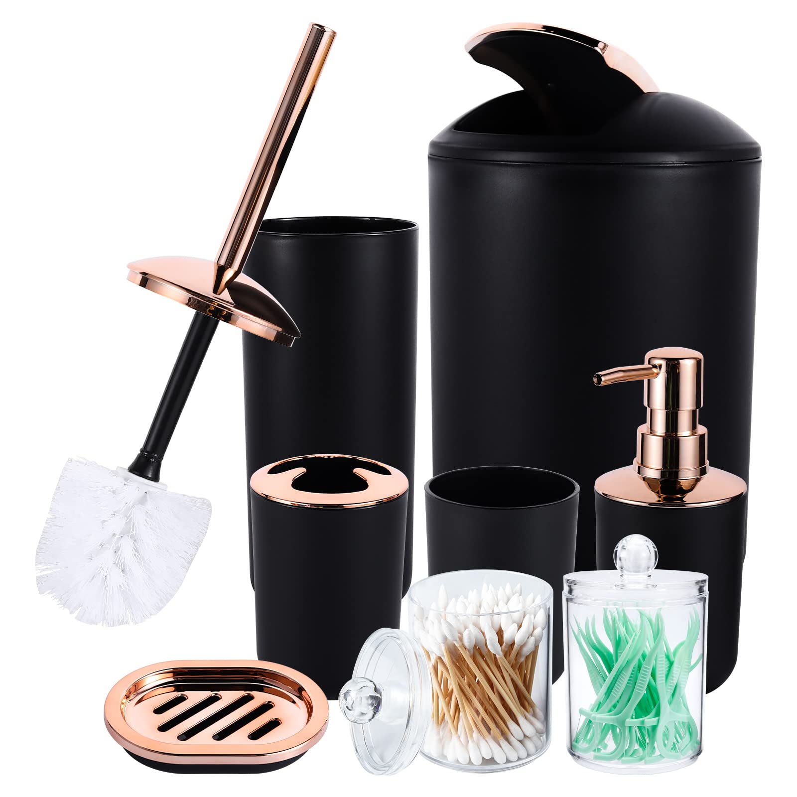 8-Piece Black Bathroom Accessories Set - Includes Trash Can with Swing Lid, Soap Dispenser, Self-Draining Soap Dish, Toilet Brush with Holder, Toothbrush Holder, Mouthwash Cup & Q-Tip Dispenser | Modern Bathroom Organization for Home, Apartment & Guest Bath Decor