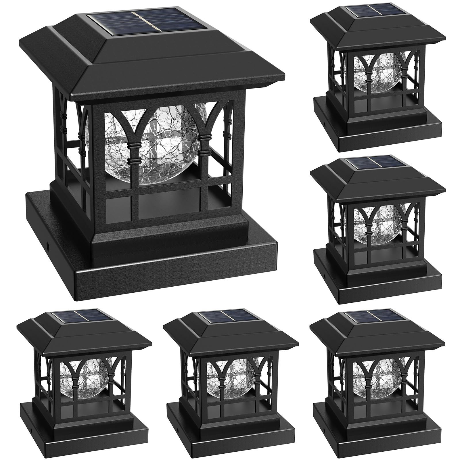 AEYANZZ Solar Post Cap Lights - 20 Lumens Warm White & RGB Crackle Glass Fence Lights (6 Pack) for 3.6x3.6 to 5x5 Vinyl/Wood Posts - Automatic Color Cycling & 2 Modes - Perfect for Garden, Patio, Deck, Pathway and Backyard Decoration