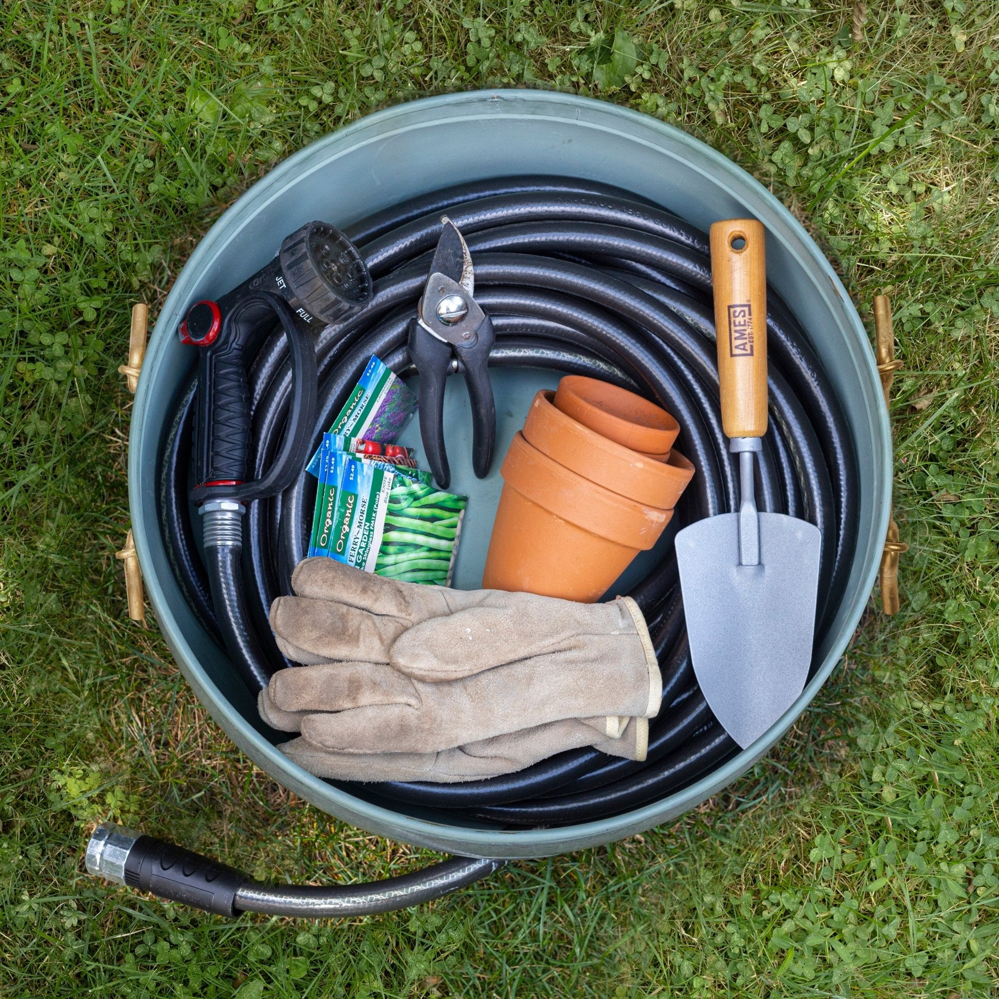 Sedona Hose Pot with Lid - Decorative Outdoor Garden Hose Holder with Brass Accents - Perfect for Organizing Garden Hoses in Backyards, Patios, and Lawns