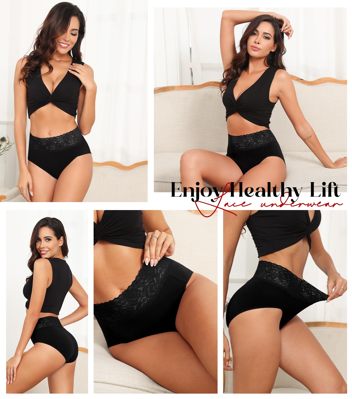 Wealurre Women's Cotton Bikini Panties - High Waisted Lace Hipster Stretch Underwear Briefs - 5 Pack Soft Comfortable Ladies Underwear for Everyday Wear & Special Occasions