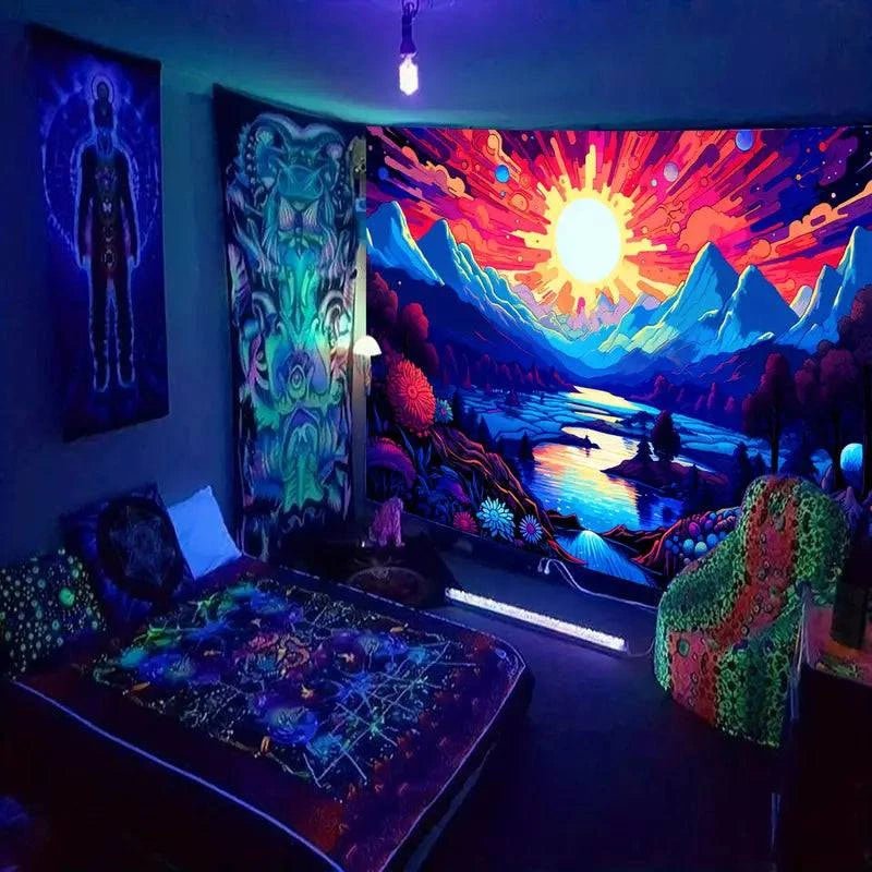 Sun Mountain Official Glow in The Dark UV Tapestry Wall Art - Psychedelic Blacklight Decor for Bedroom, Dorm & Music Festival