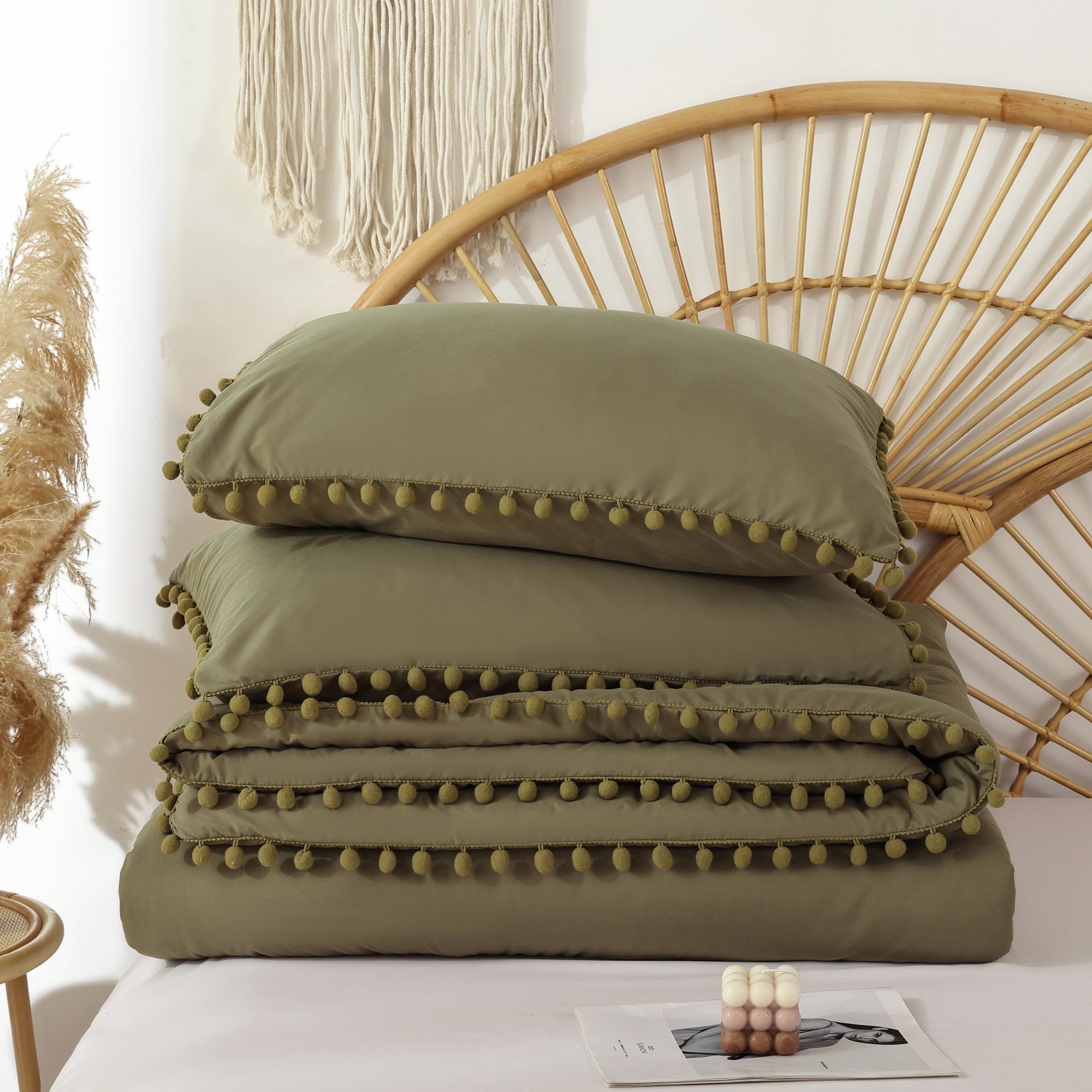 Queen Comforter Set with Pom Fringe - 3pc Soft Bedding for All Seasons in Olive Green | Cozy Home Decor