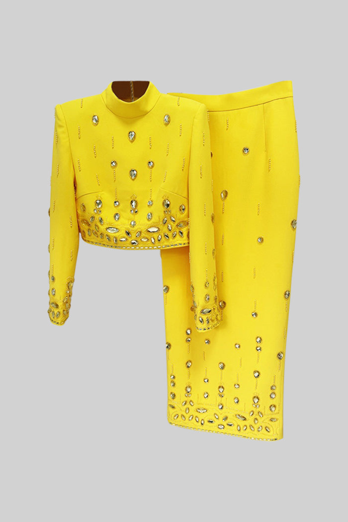 Elegant Diamond Embellished Co-Ord Set with Maxi Skirt in Yellow | Women's Fashion Outfit for Parties, Weddings & Special Occasions