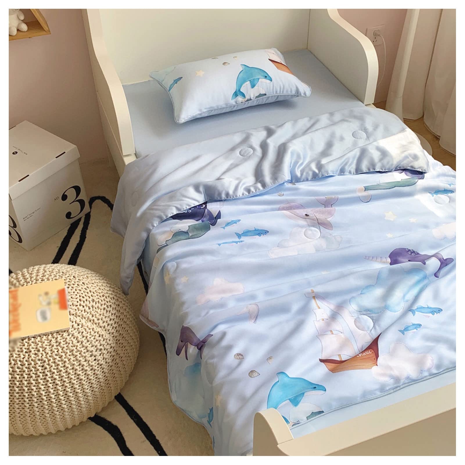 Blue Whale Cartoon Printed 80S Tencel Summer Quilt Set for Kids - 3-Piece Air Conditioner Blanket, Cooling Ice Silk Bedding (120x150cm) - Perfect for Hot Weather, Nursery Decor & Lightweight Summer Sleep