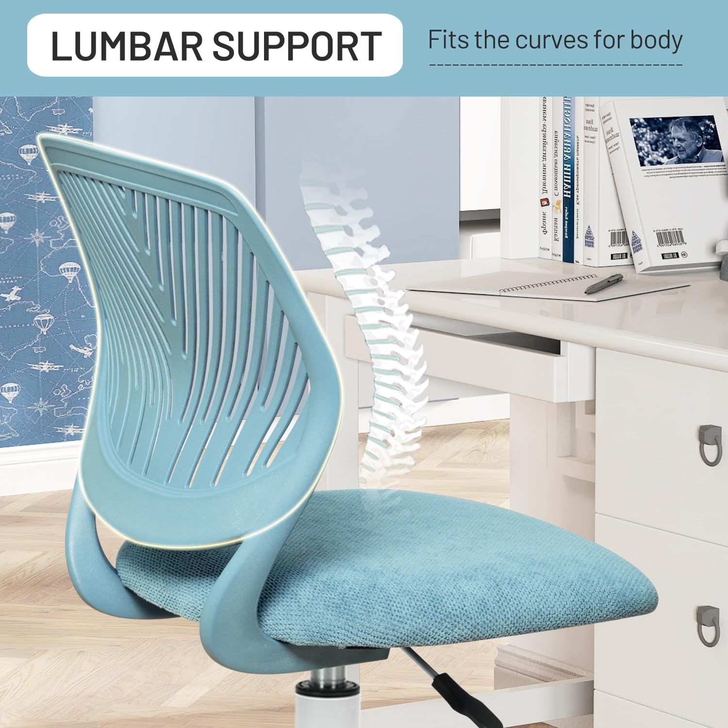 Kids Desk Chair - Adjustable Mid Back Swivel Study Chair for Students, Fabric Armless Rolling Office Chair, Light Blue | Perfect for Homework, Online Classes & Gaming