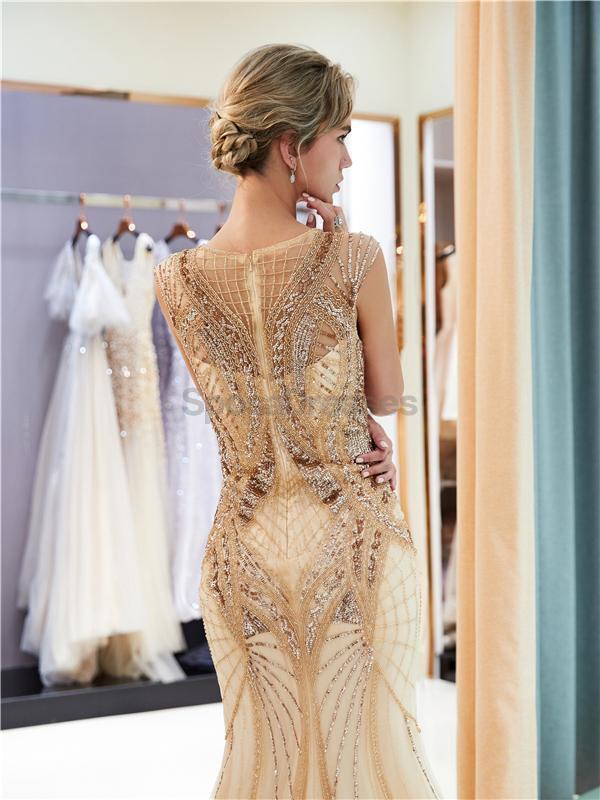Elegant Gold Rhinestone Beaded Mermaid Prom Dress for Evening Party & Formal Events - Perfect for Homecoming, Prom Night, and Special Occasions
