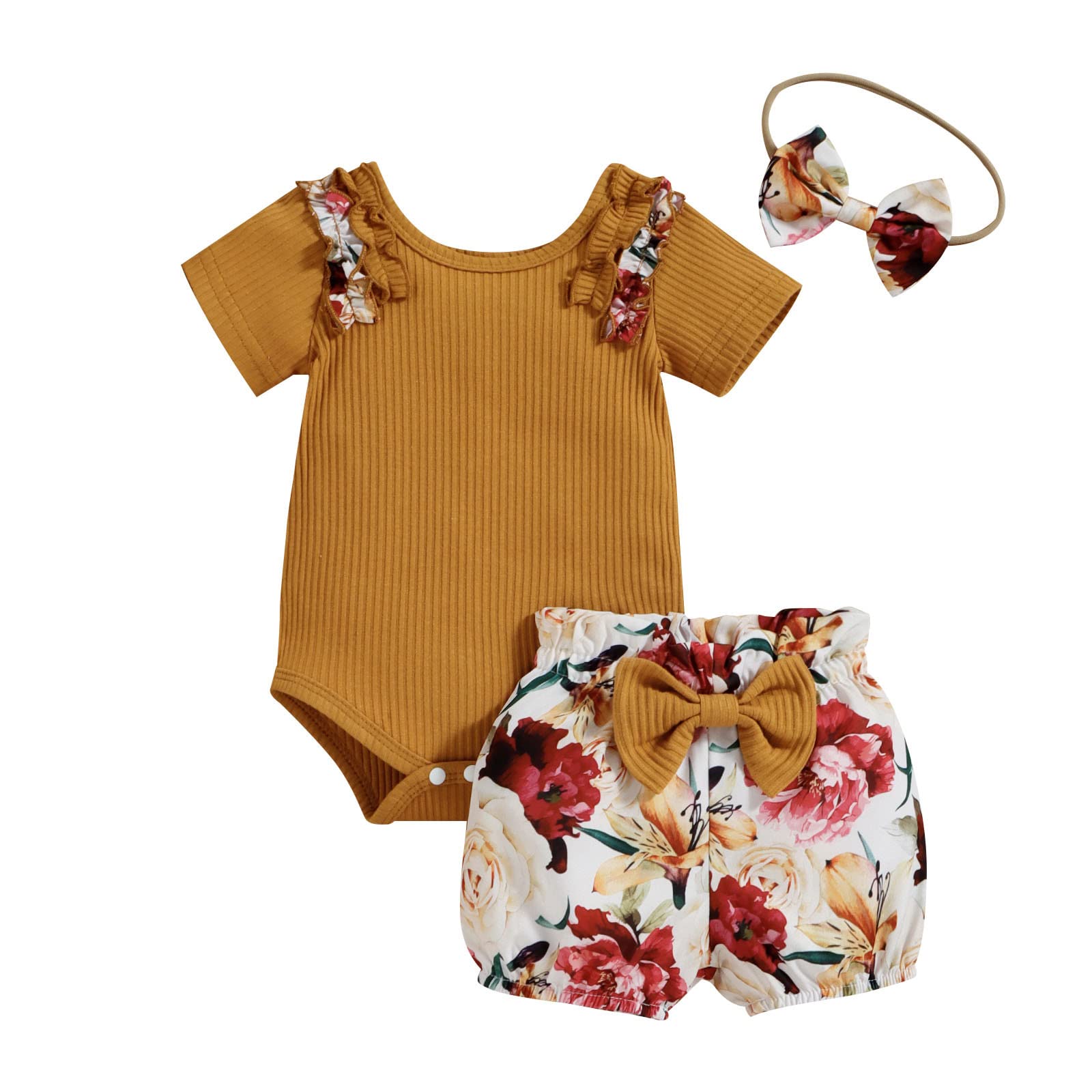 SRTUMEY Baby Girls' Ruffled Short Sleeve Ribbed Romper Bodysuit Set with Floral Print & Bow Headband - Newborn Outfits for Photo Shoots, Playdates & Special Occasions