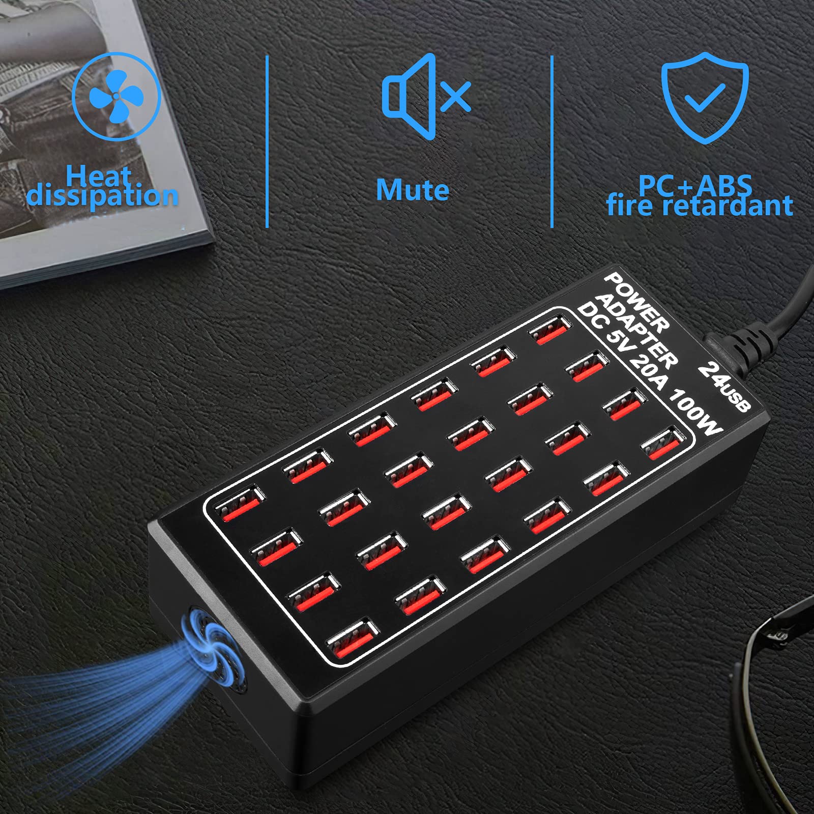 24-Port 100W (20A) USB Charging Station - Fast Desktop Charger for Multiple Devices | Perfect for Home, Office, Hotel, School, Mall & Travel Use