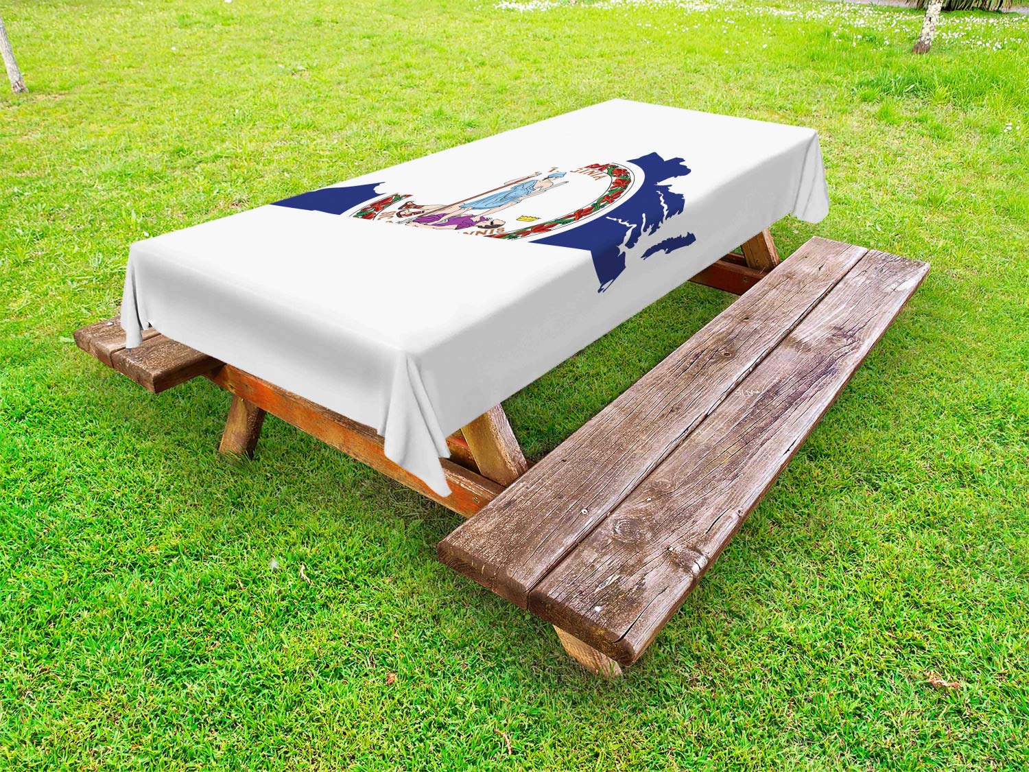 Virginia Outdoor Tablecloth - Old Dominion State Map & Waving Flag Design with 