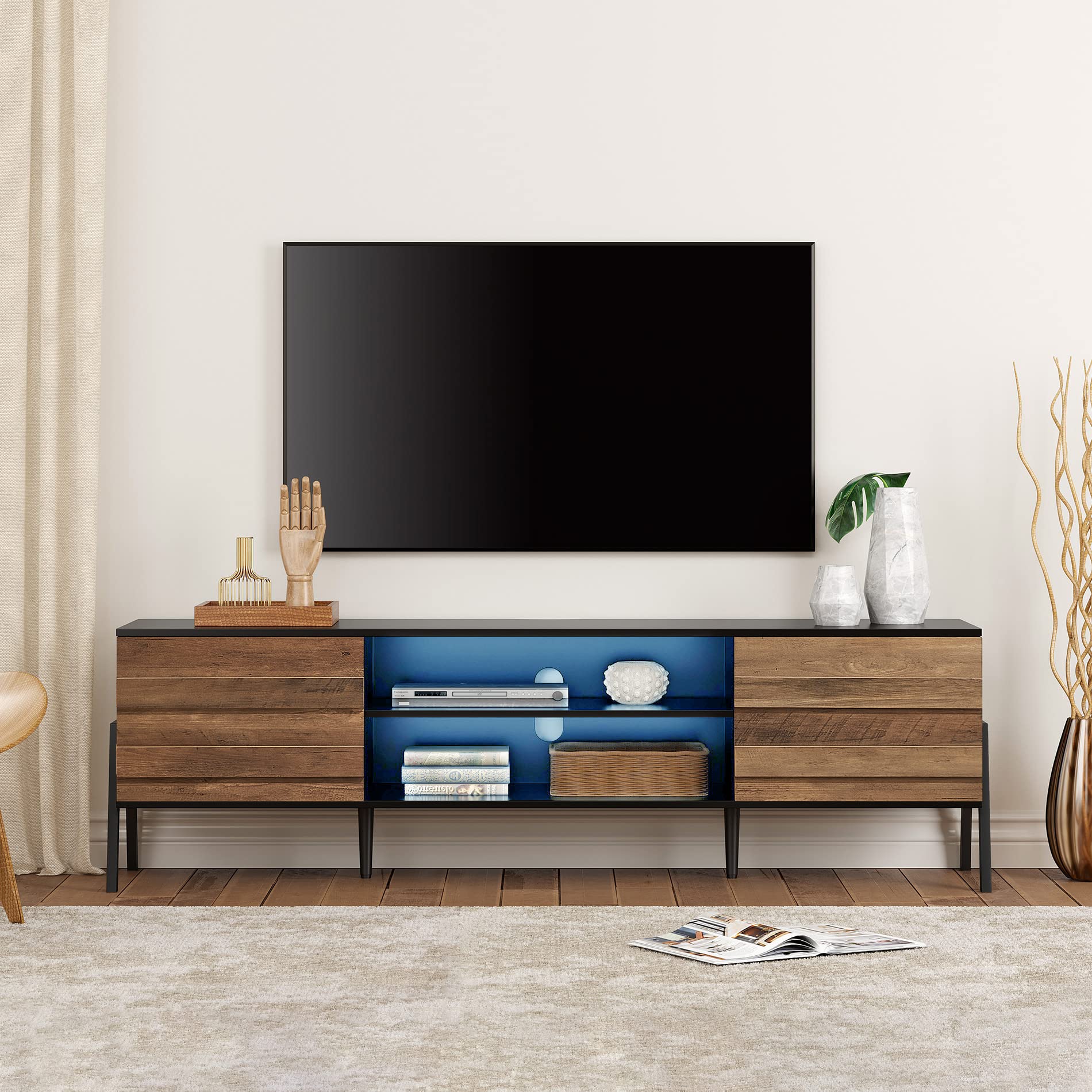 Mid-Century Modern TV Stand for 70-75 Inch Flat Screen TVs - Wooden Media Console with Storage Shelves - Home Entertainment Center in Black & Oak - Perfect for Living Room, Bedroom & Home Theater Setup