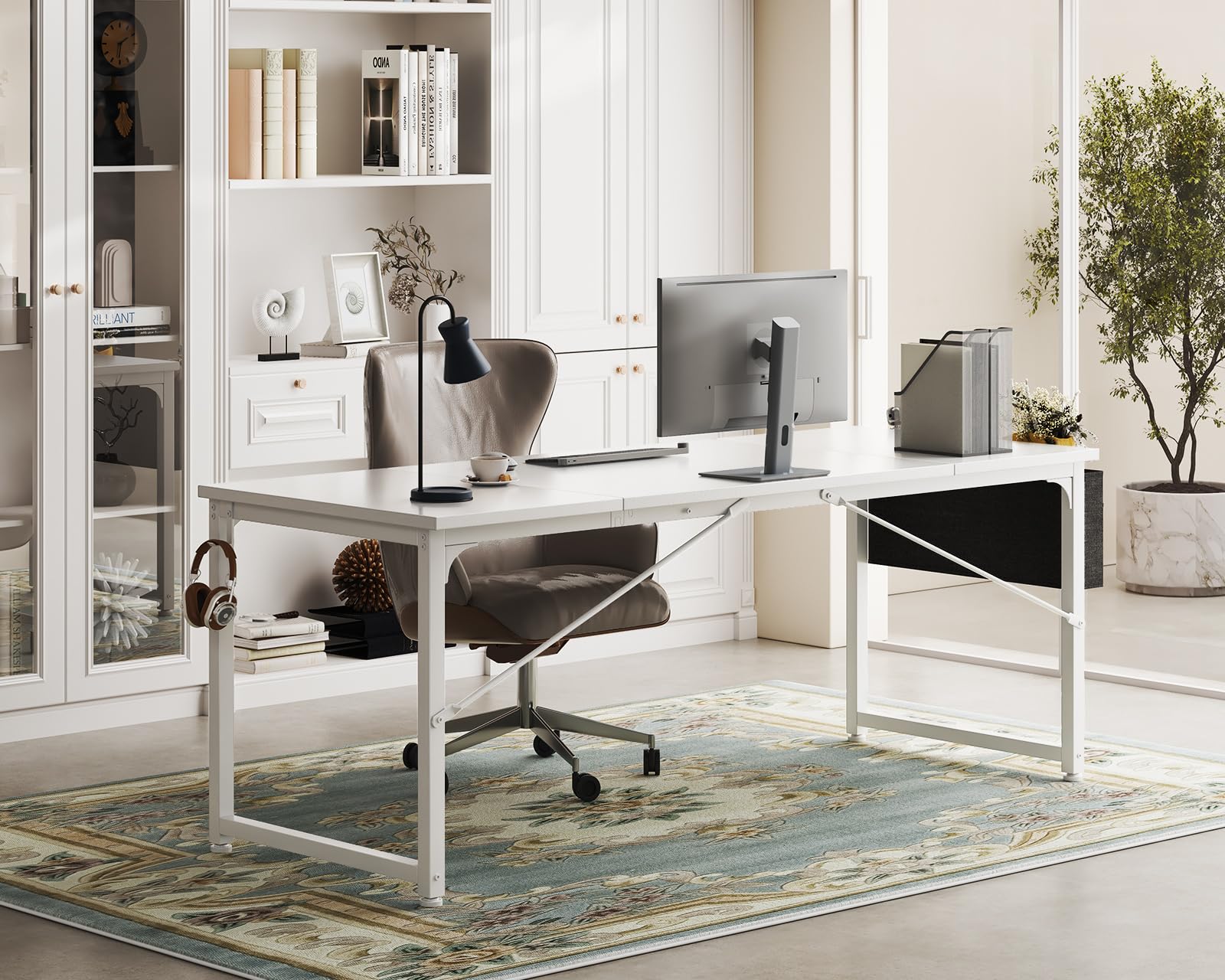 63 Inch ODK Large Computer Desk with Storage | Modern Office & Gaming Desk for Home | PC Work Table with Headphone Hook & Splice Board | White & White Leg | Perfect for Remote Work, Gaming Setup & Home Office