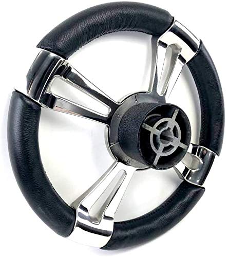 SeaLux Marine Premier Genuine Leather Stainless Steel 14-Inch 4-Spoke Yacht Steering Wheel - Perfect for Sport Boats & Luxury Yachts, Ideal for Smooth Sailing & High-Performance Navigation