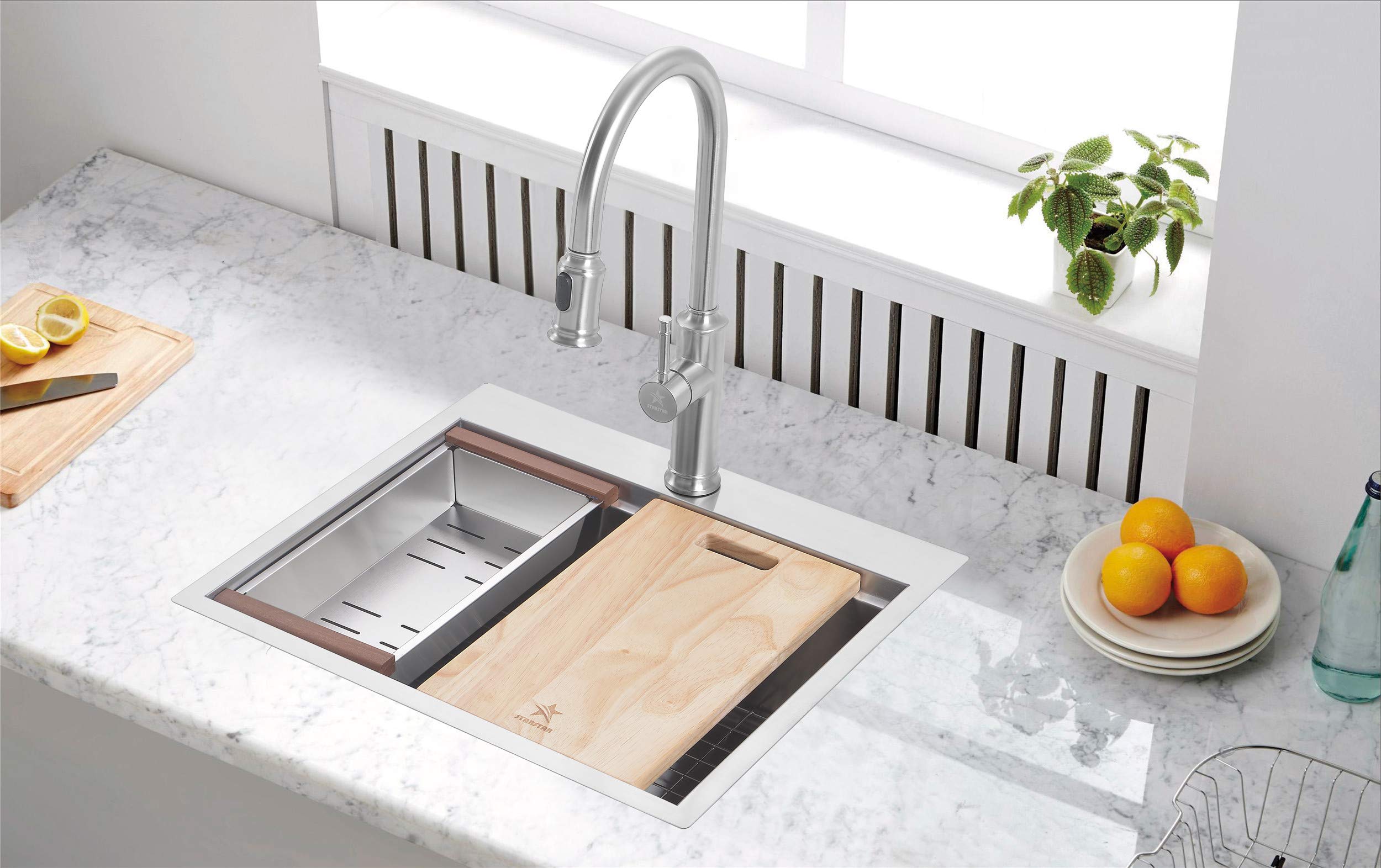 STARSTAR 304 Stainless Steel Single Bowl Kitchen Sink - Drop-in/Topmount for Workstation, Yard, Bar, Laundry & Office - Includes Drain Grid, Colander, Cutting Board & Strainer (21