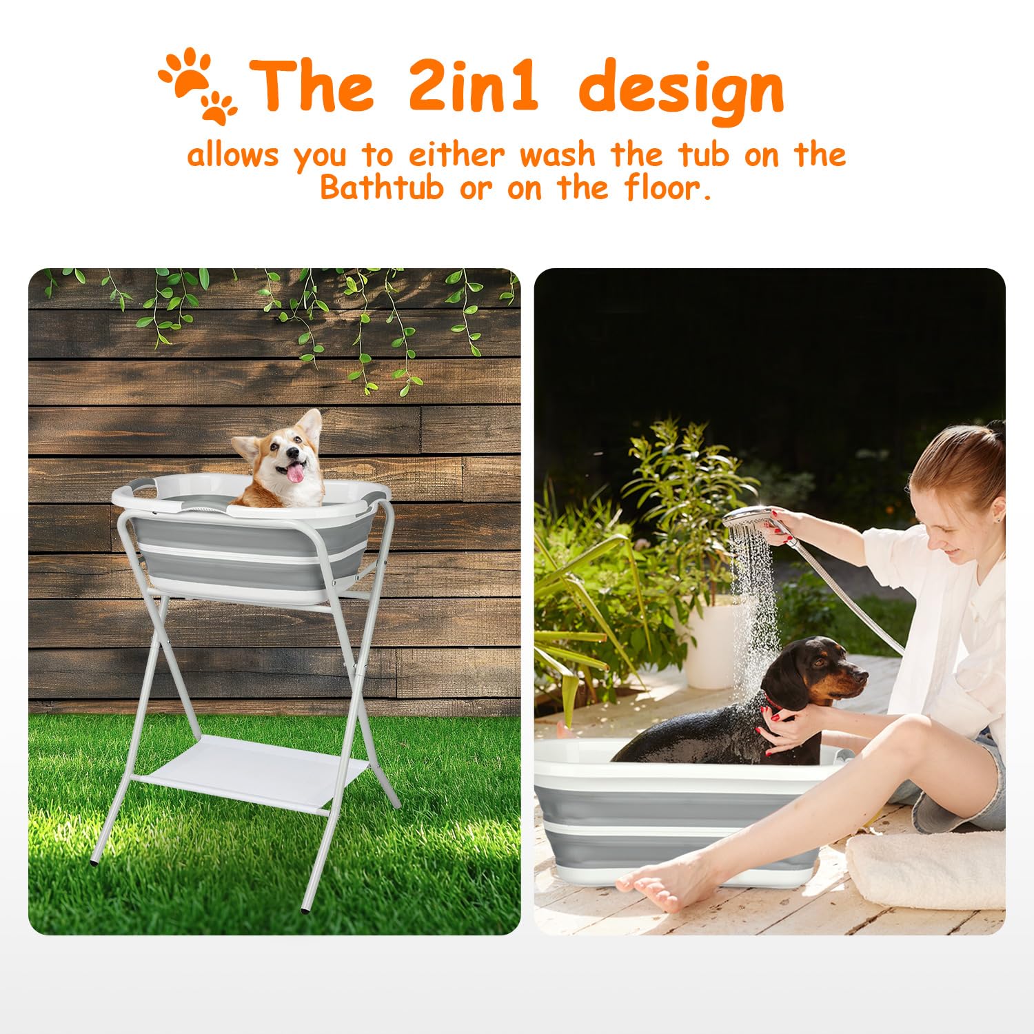 2-in-1 Foldable Dog Bath Tub - Elevated Portable Pet Washing Station for Small Dogs & Cats | Collapsible Shower Bathtub for Indoor Bathroom, Outdoor Use & Pet Stores (Grey) | Perfect for Home Grooming, Travel & Professional Pet Care