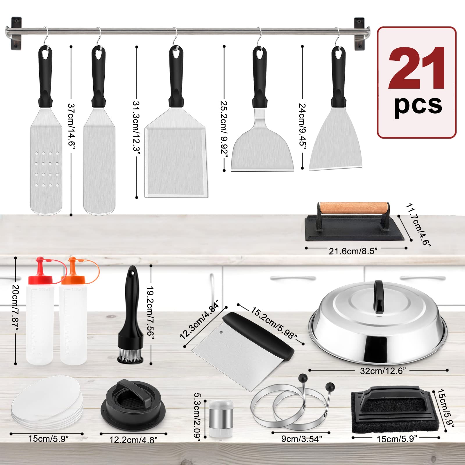 21-Piece Stainless Steel Griddle Accessories Kit - Leonyo Flat Top Grill Tools Set with 12