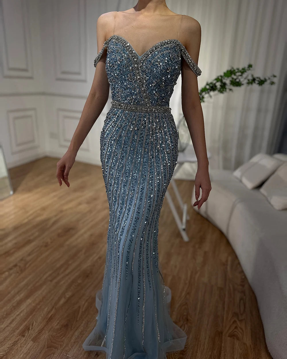 Elegant Dubai Blue Beaded Mermaid Prom Dress - Luxury Saudi Evening Gown for Formal Events & Special Occasions | Perfect for Weddings, Galas, and Red Carpet Events