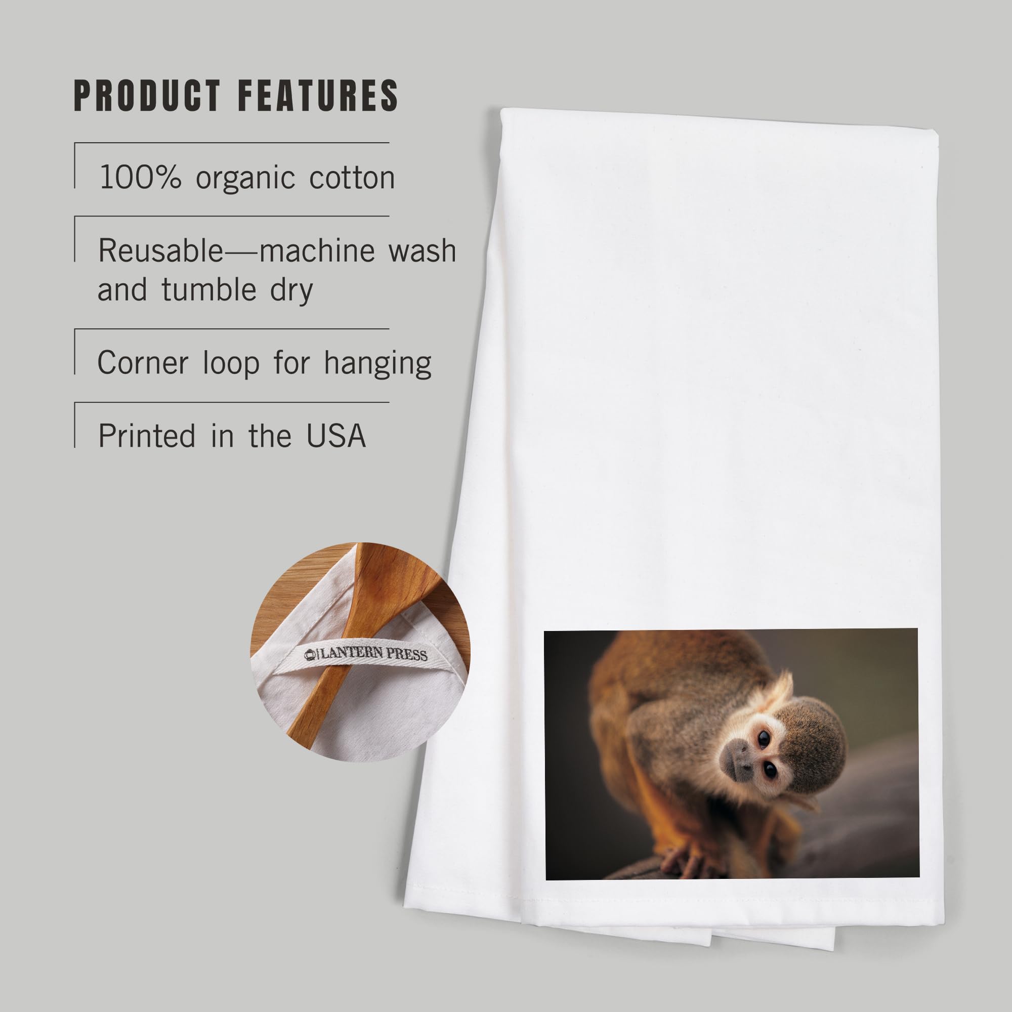 Lantern Press Squirrel Monkey 100% Cotton Tea Towel - Decorative Hand Towel for Kitchen & Home Decor - Perfect for Dish Drying, Gift Giving, and Farmhouse Style Decor