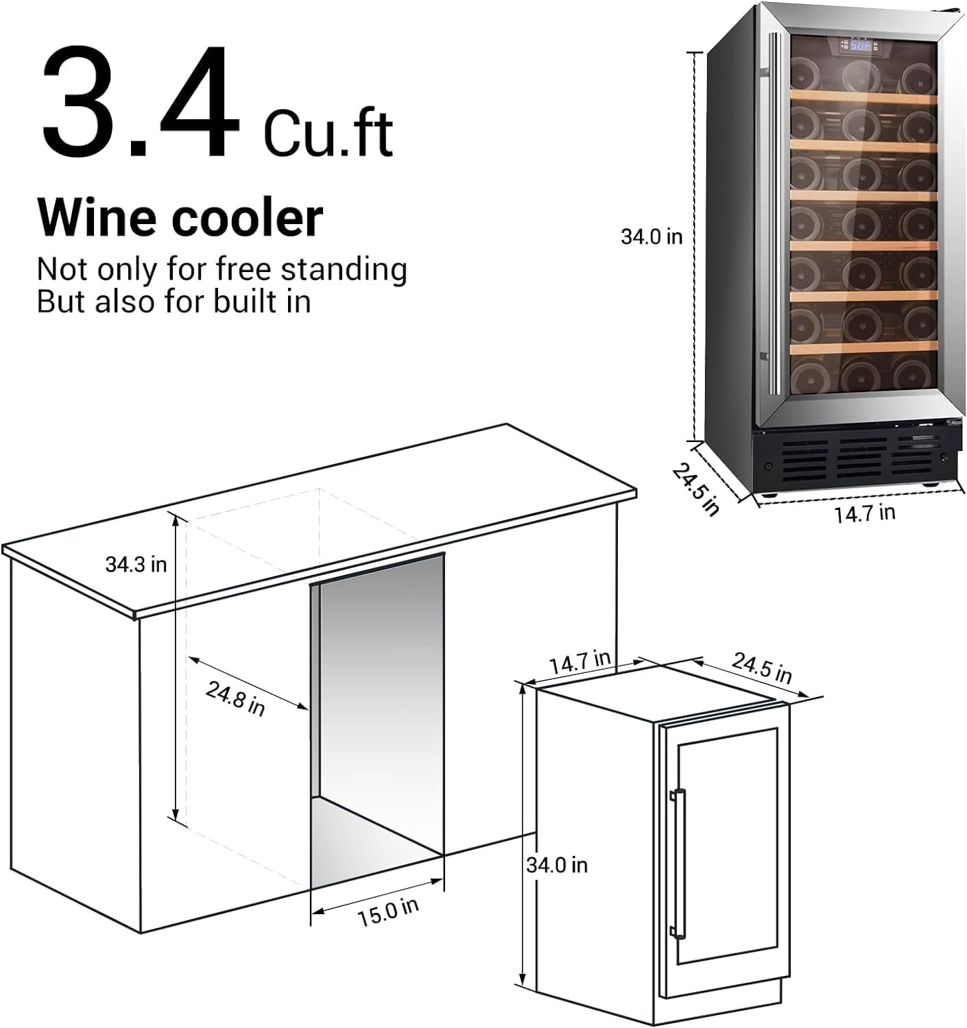 15 Inch Built-In Under Counter Wine Cooler - 33 Bottle Capacity, Stainless Steel & Black Glass Door Wine Fridge for Home Bar - Quiet Operation with LED Lighting - Perfect for Kitchen, Basement, or Entertainment Room Storage