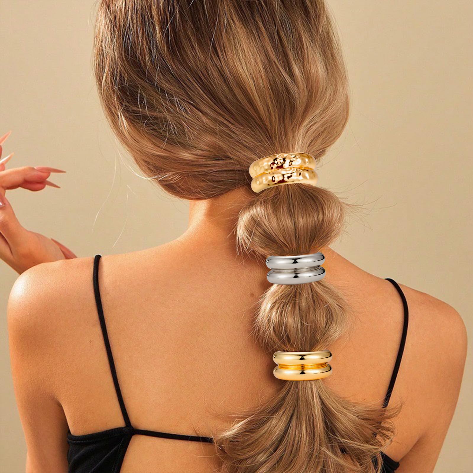 Gold & Silver Metal Hair Ties for Women - Geometric Elastic Hair Cuff Wraps for Thick Hair - Durable Hair Accessories for Workouts, Office & Everyday Styling