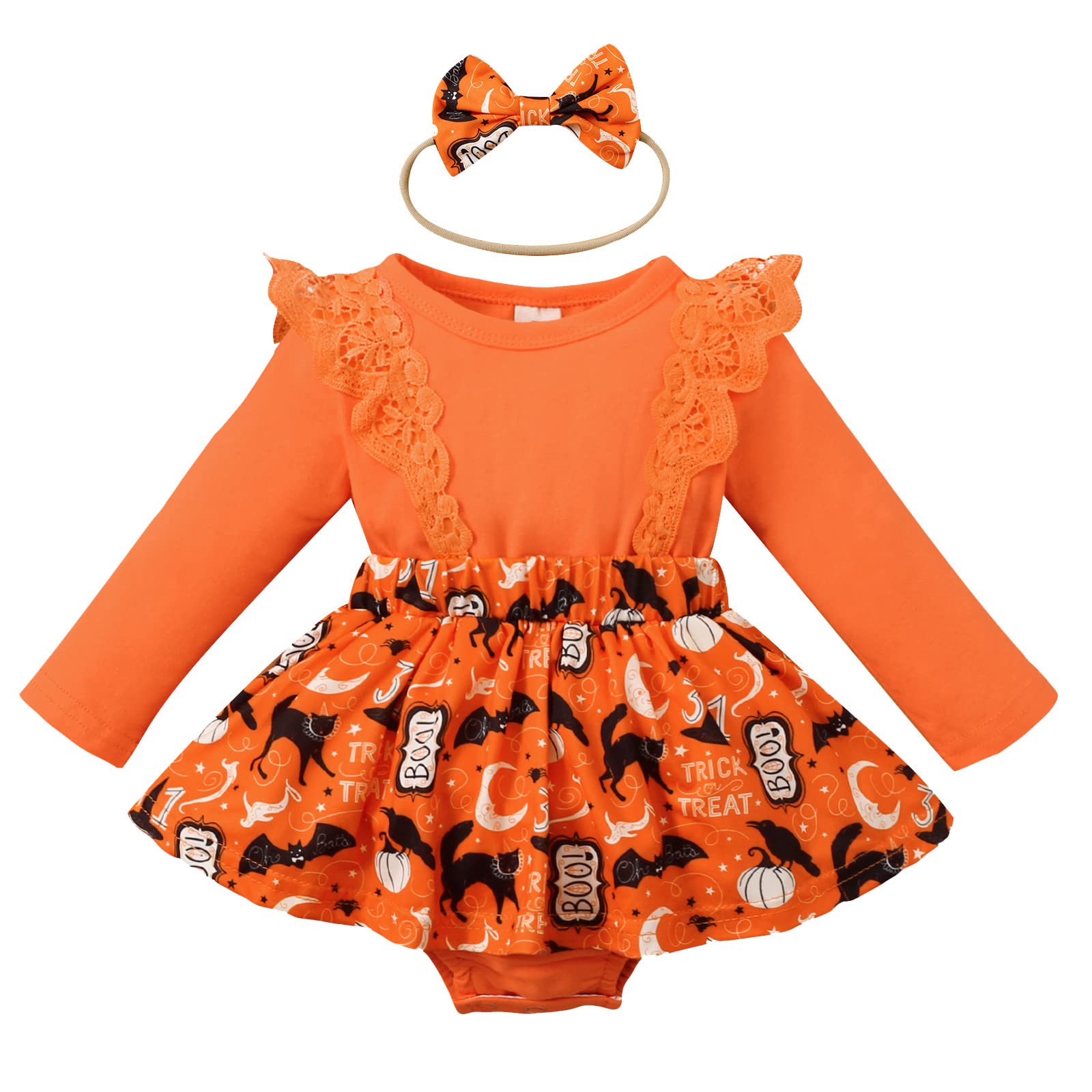 Baby Girls Halloween Outfit Set - Lace Ruffles Long Sleeve Romper with Cartoon Prints & Matching Headband | Cute Costume for Halloween Party, Trick or Treat, Photo Shoots & Dress-Up Play