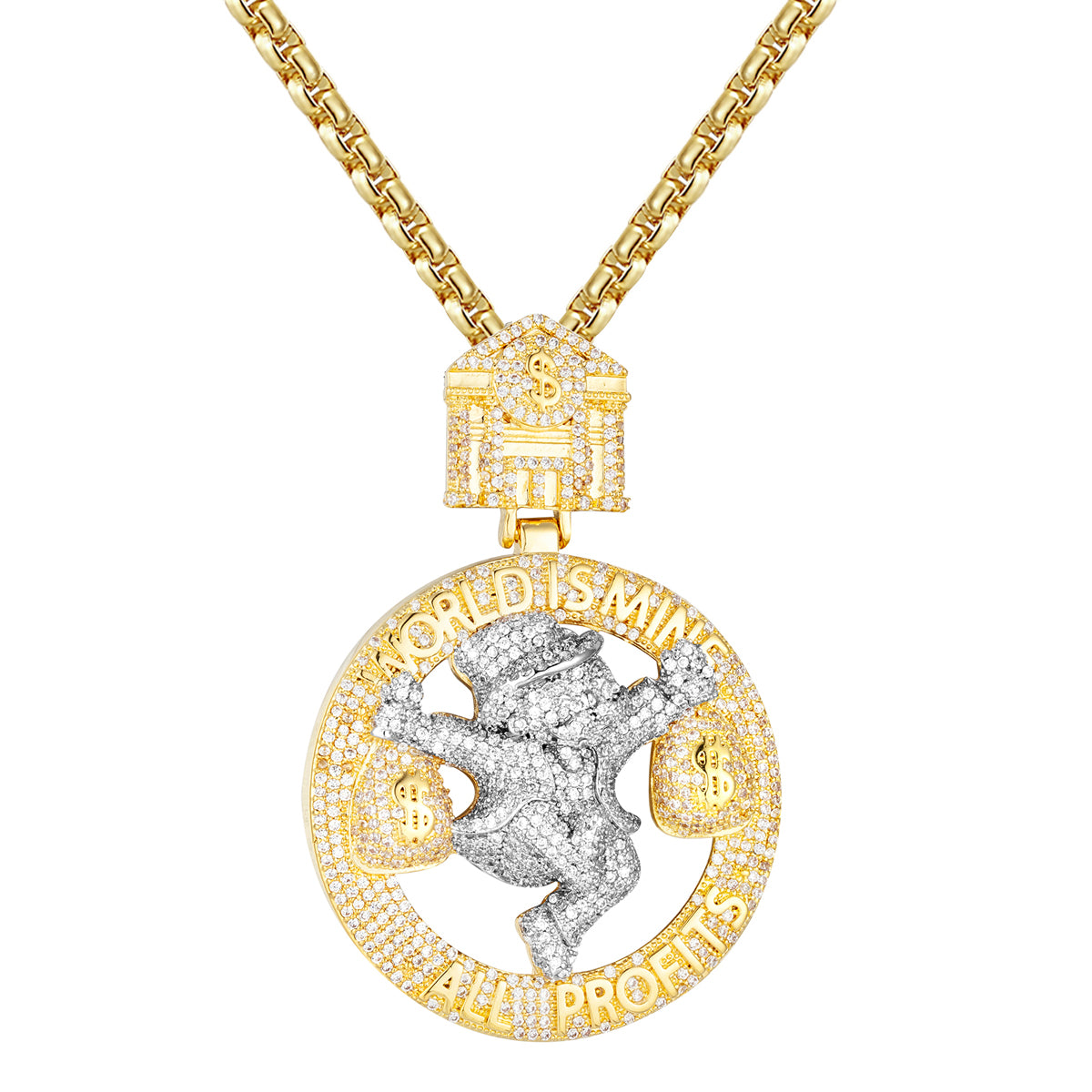 925 Sterling Silver 'World Is Mine' Dollar Bag Hip Hop Icy Custom Pendant Necklace for Men - Perfect for Streetwear, Rap Fashion & Jewelry Collection