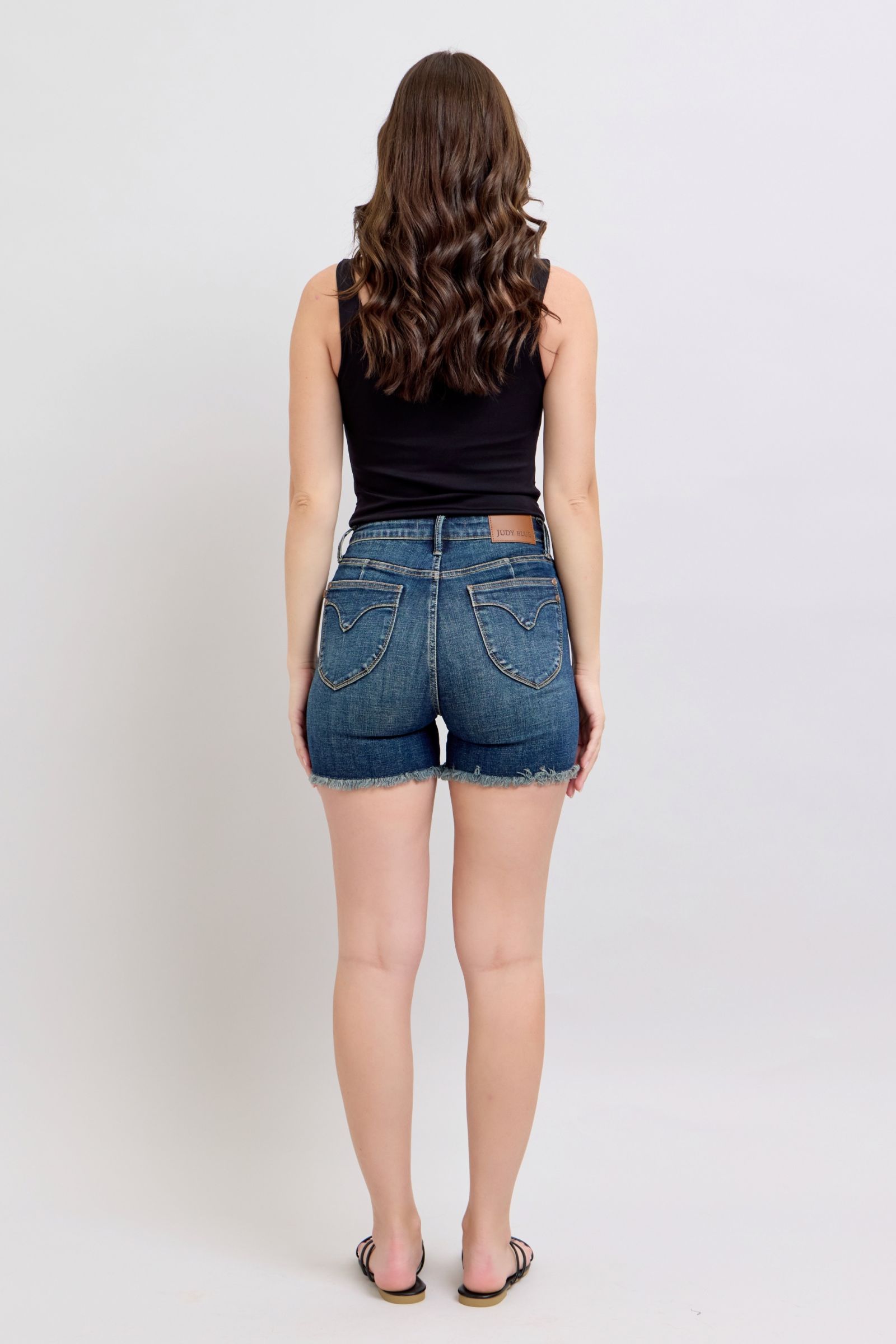 Judy Blue High Waisted Tummy Control Denim Shorts with Frayed Hem & Back Pockets | Women's Stretchy Comfort Jeans for Summer, Beach, and Casual Outfits