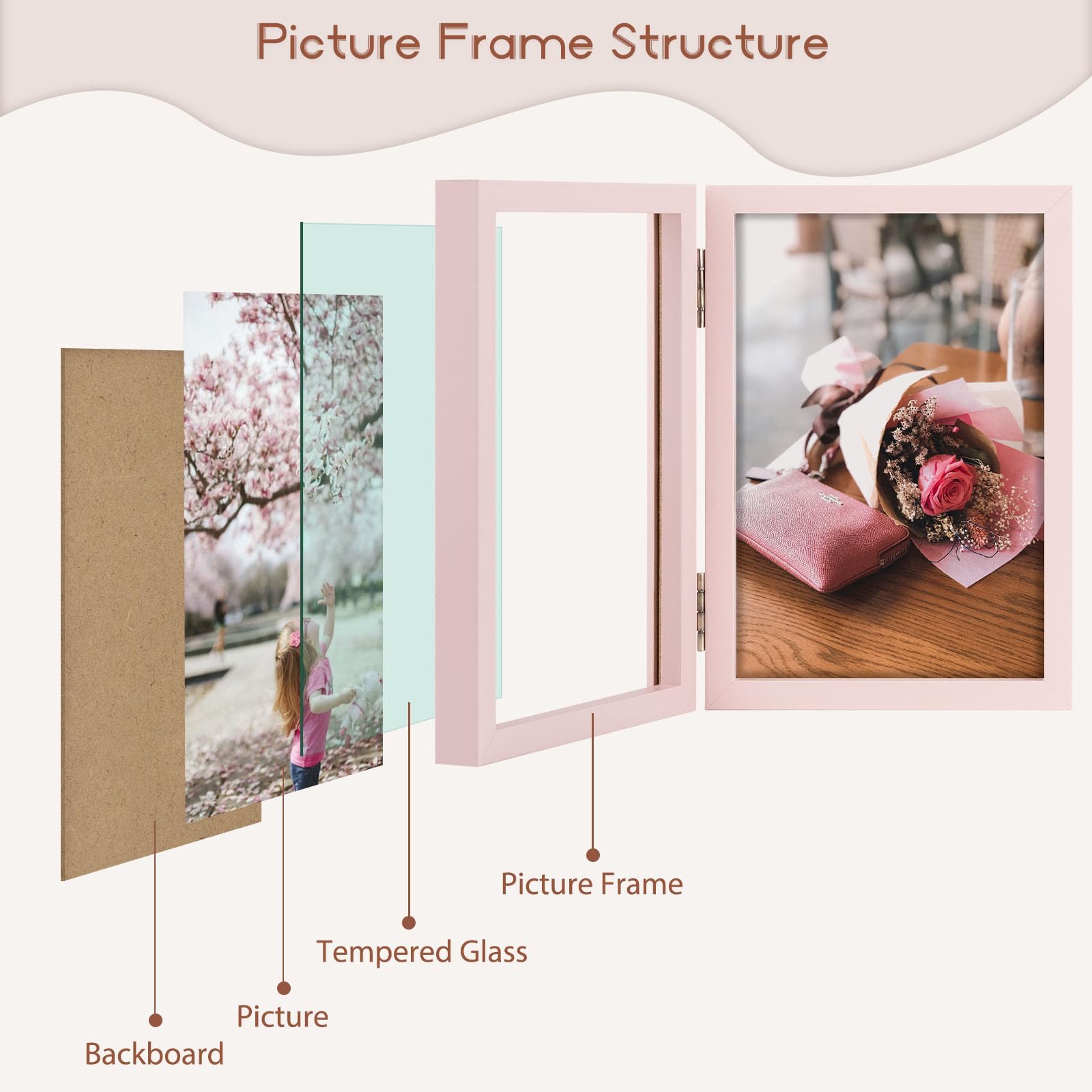4x6 Double Hinged Photo Frames - Set of 2 Pink Folding Picture Frames for Tabletop or Desktop Display - Perfect for Family Photos, Wedding Pictures, and Home Decor