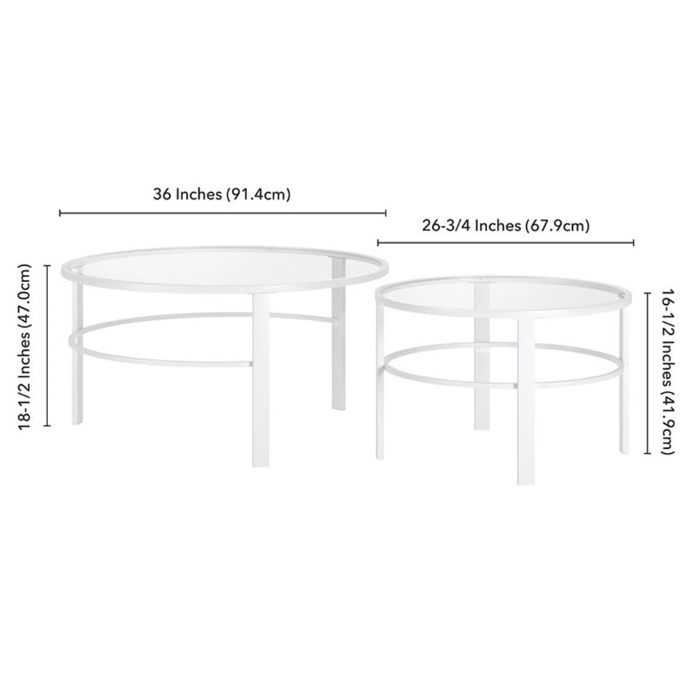 2-Piece White Metal & Glass Nesting Coffee Table Set - Modern Living Room & Office Furniture for Small Spaces