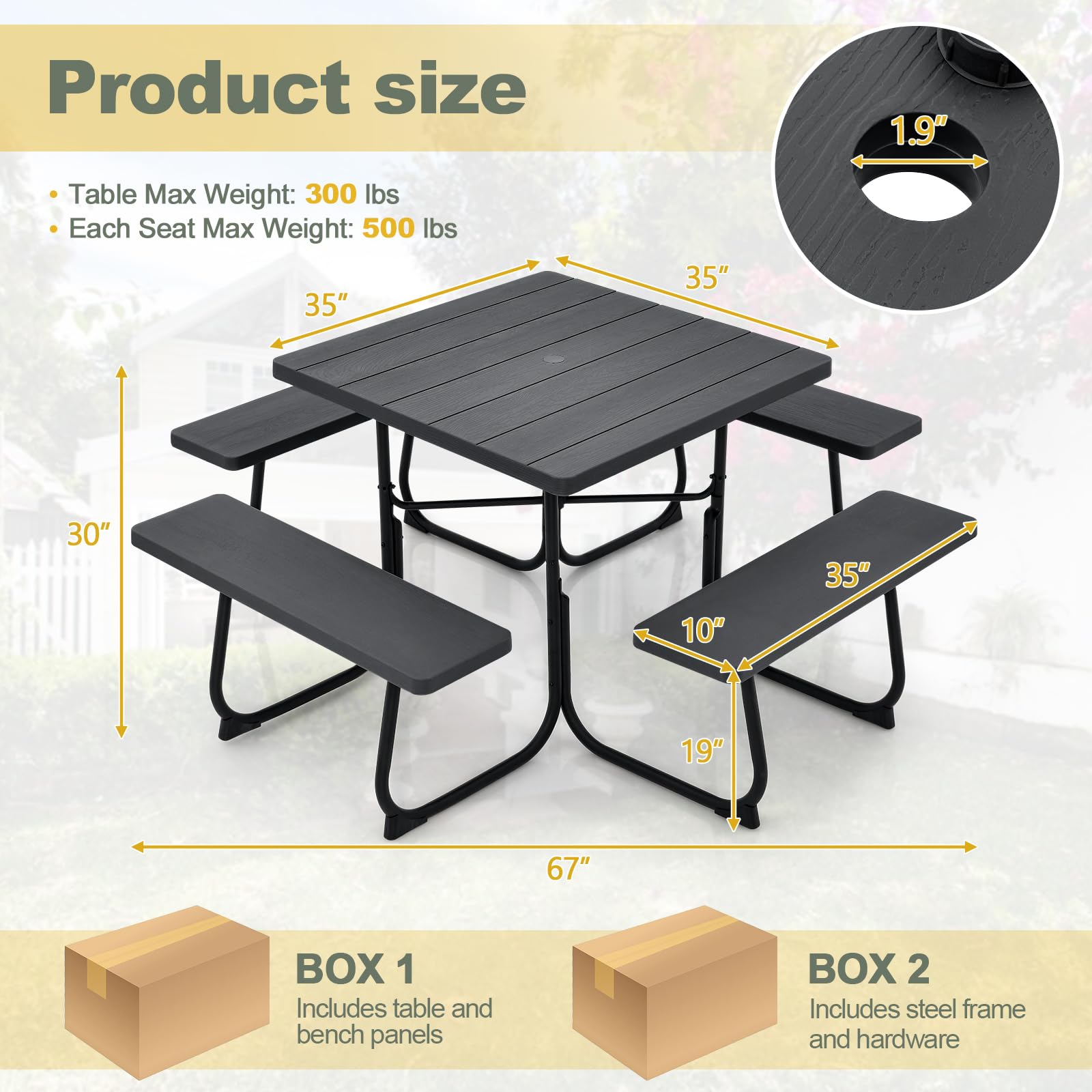 Tangkula 8-Person Outdoor Square Picnic Table with 4 Built-in Benches - Heavy Duty Metal Frame & HDPE Tabletop - Umbrella Hole - Perfect for Garden, Backyard, Patio, Park, Camping & BBQ Parties (Black)