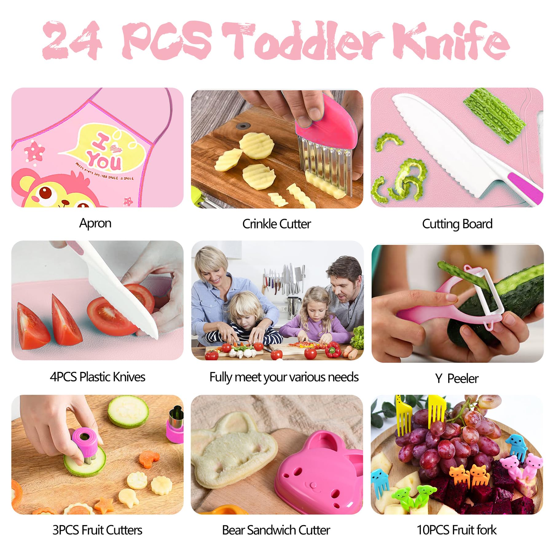 Montessori Toddler Kitchen Knife Set - Safe Plastic Serrated Edge Kids Knives with Cutting Board for Real Cooking - Perfect for Early Learning and Family Meal Prep