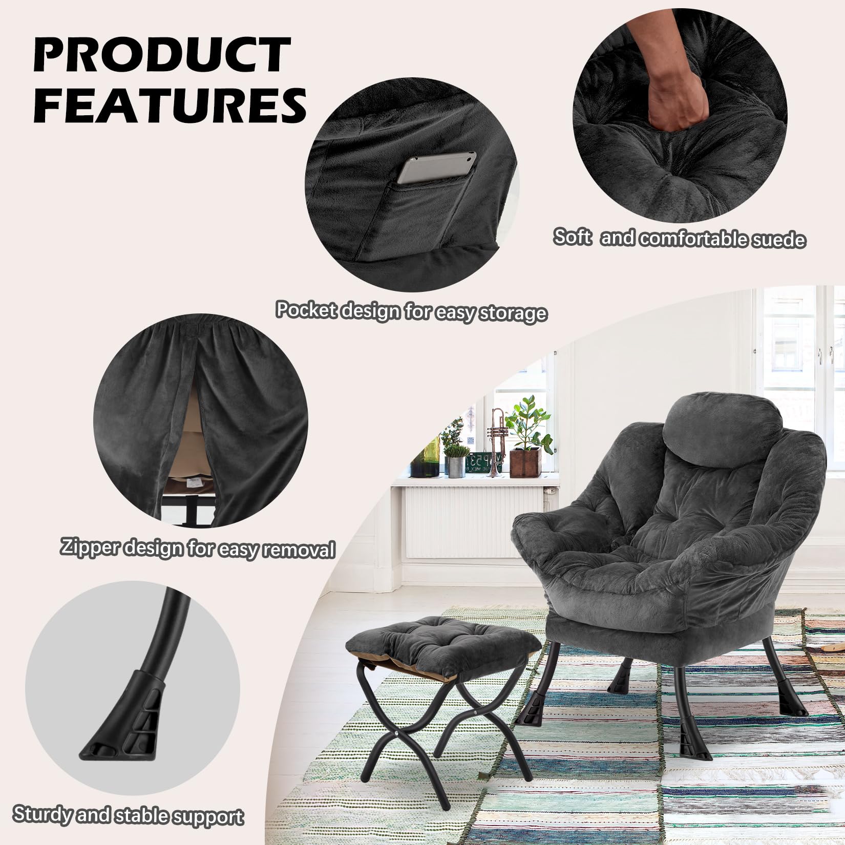 Comfortable Folding Ottoman Lazy Chair - Soft Fabric Armchair with Armrests & Side Pockets, Reclining Reading Chair with Footrest for Living Room, Bedroom, Office - Plush Dark Grey - Perfect for Relaxing, Napping & Lounging at Home