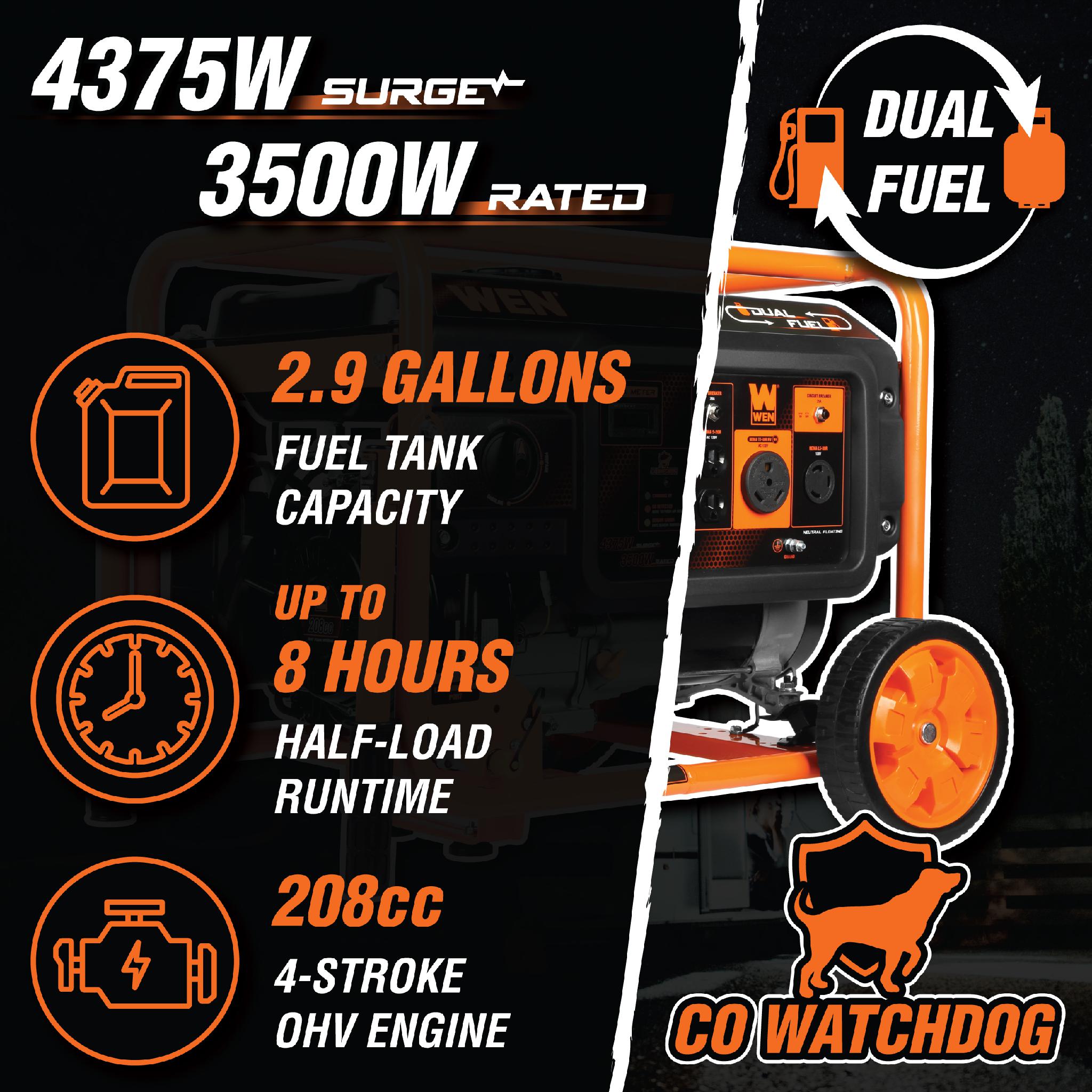 WEN DF430X 4375W Dual Fuel Portable Generator with Wheel Kit & CO Sensor - Perfect for Camping, Home Backup Power & Outdoor Events