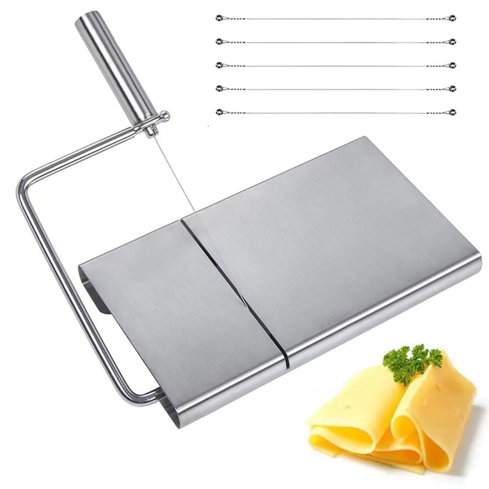 Premium Stainless Steel Cheese Slicer with 5 Replacement Wires - Adjustable Handheld Cheese Cutter for Block Cheese - Includes Cutting Board - Perfect for Kitchen, Party Platters & Charcuterie Boards