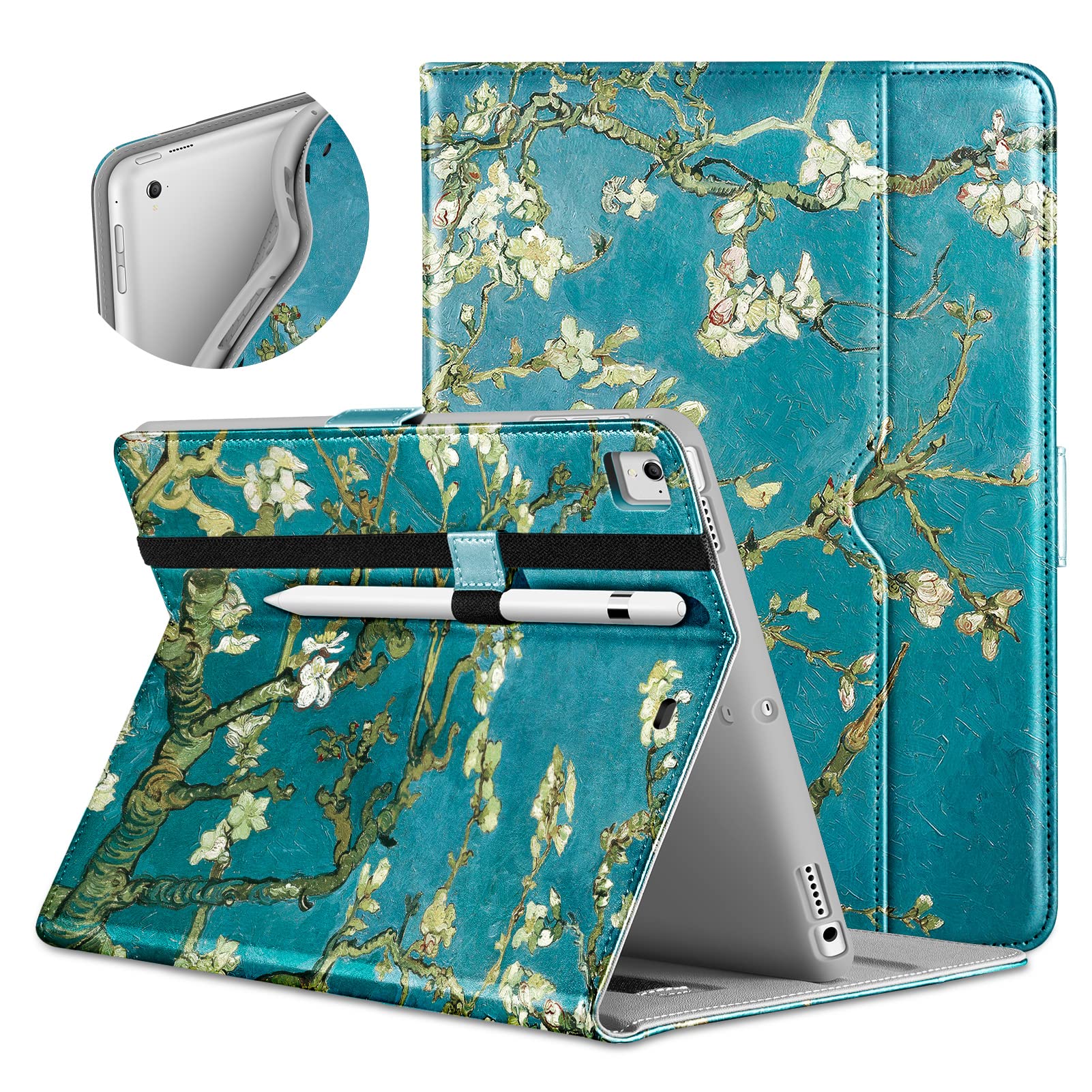 Premium Leather Folio Stand Cover Case with Apple Pencil Holder for iPad 9.7 Inch 5th/6th Gen (2018/2017) & iPad Pro 9.7/Air 2/Air - Blossom - Perfect for Work, Study & Travel Protection