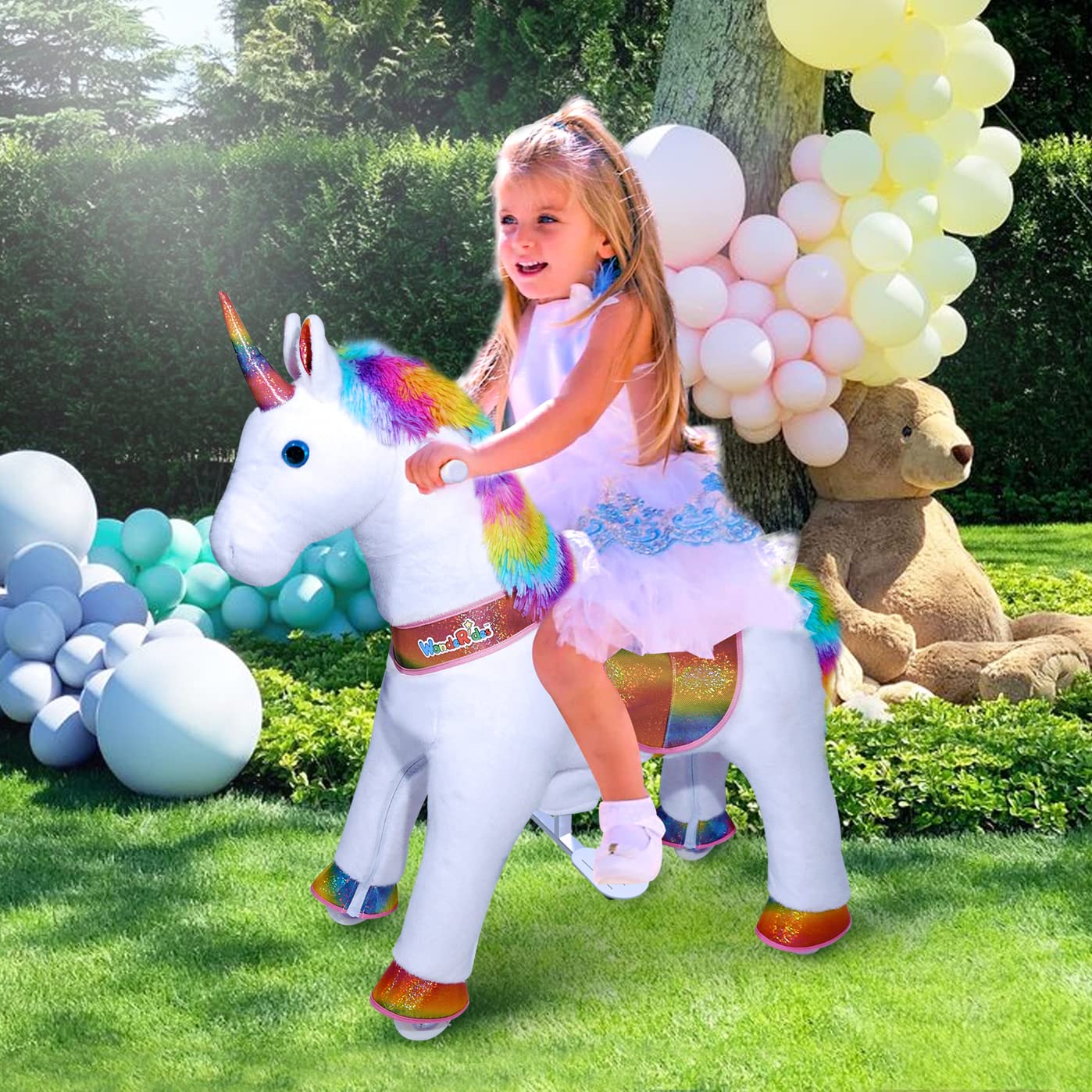 WondeRides Ride-On Rainbow Unicorn Toy for Girls - Plush Walking Pony Cycle with Wheels for Toddlers Ages 3-5 (30.1 Inch Height) - Perfect for Indoor Play, Birthday Gifts & Imaginative Playtime