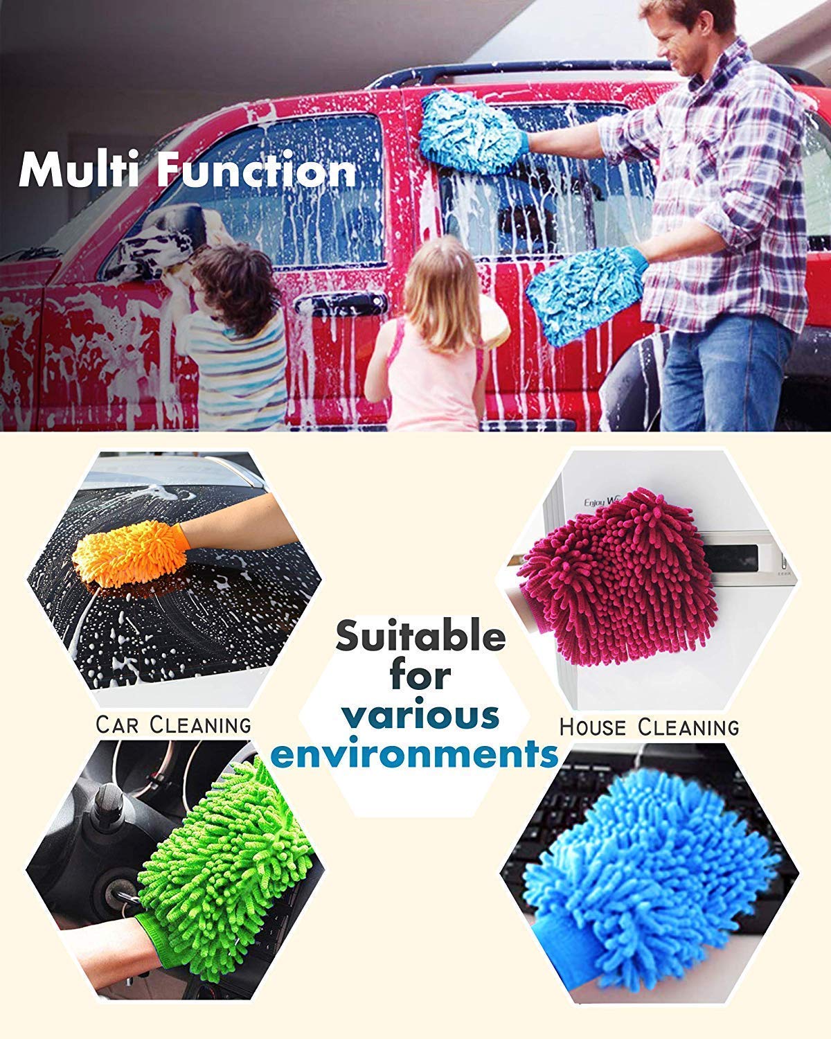 MoneySo Multipurpose Cleaning Mitten Gloves - Chenille Microfiber Car Wash Mitts for Cars, Windows & Household - Lint Free, Scratch Free, Double Sided - Wet/Dry Use (4 Pack, Random Colors) - Perfect for Auto Detailing, Dishwashing & Pet Care