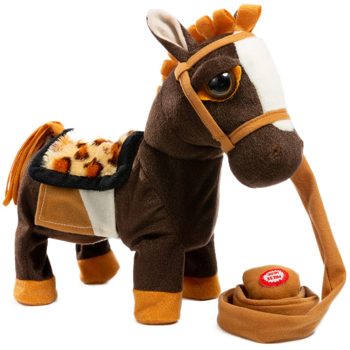 iBonny Stuffed Animal Plush Pony Toy - Realistic Walking Horse with Sounds & Music | My First Pony Walk Along Toy for Kids | Perfect for Pretend Play, Birthday Gifts & Nursery Decor (Brown)