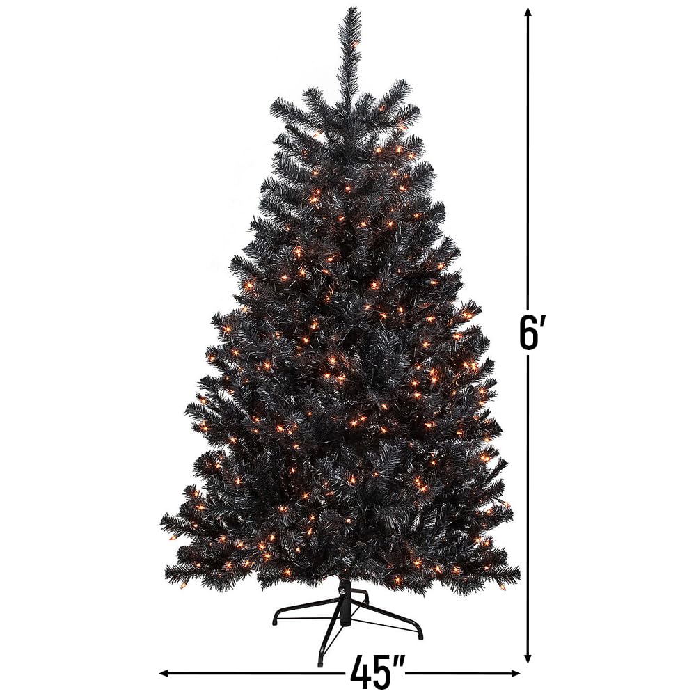 6ft Pre-Lit Black Noble Spruce Artificial Halloween Tree with Orange LED Lights - Spooky Indoor/Outdoor Holiday Decor for Parties & Home Haunting