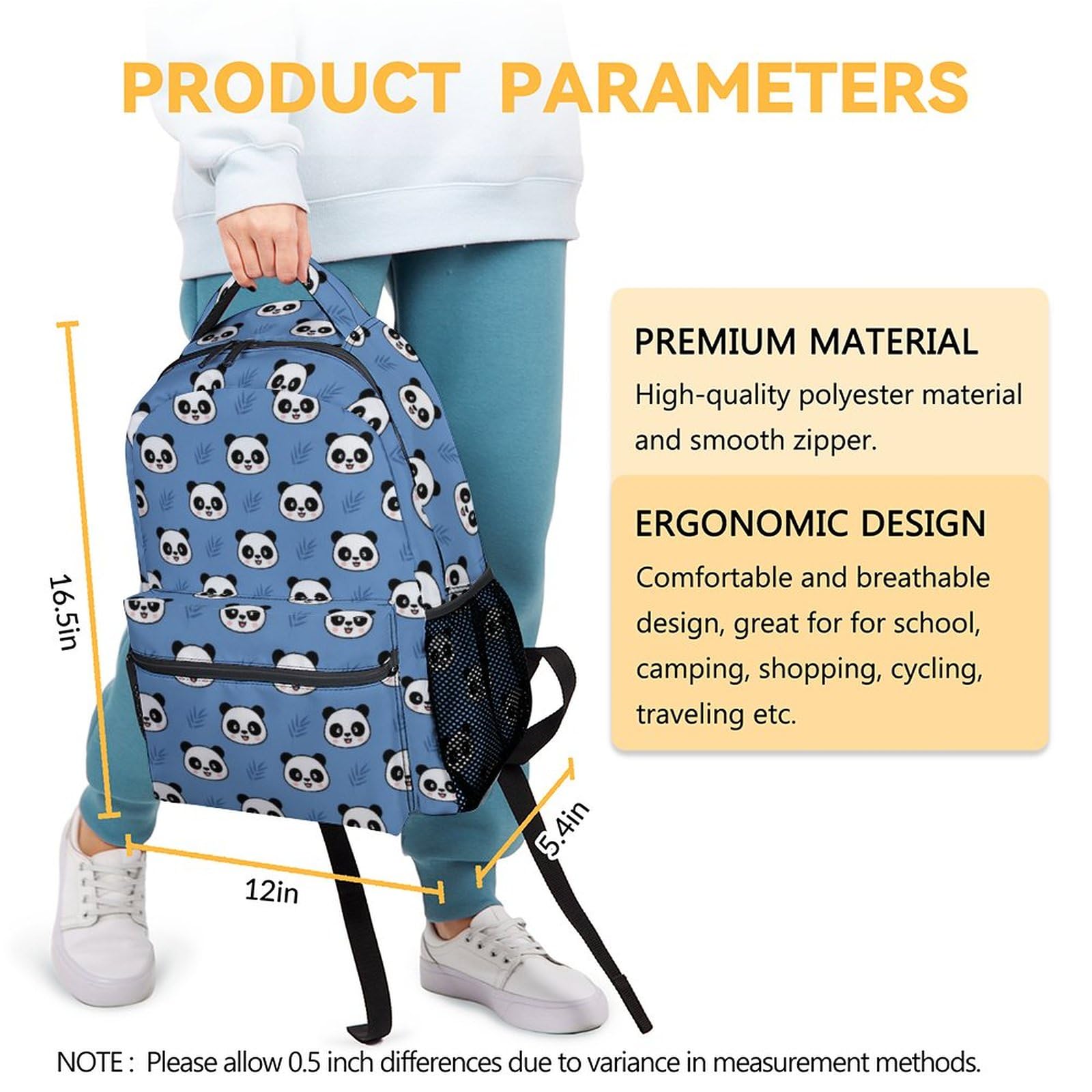 Cute Panda Backpack for Girls - 16 Inch Lightweight School Bookbag for Elementary Students - Blue Cartoon Kids Backpack for Daily Use, Travel & School Supplies Storage