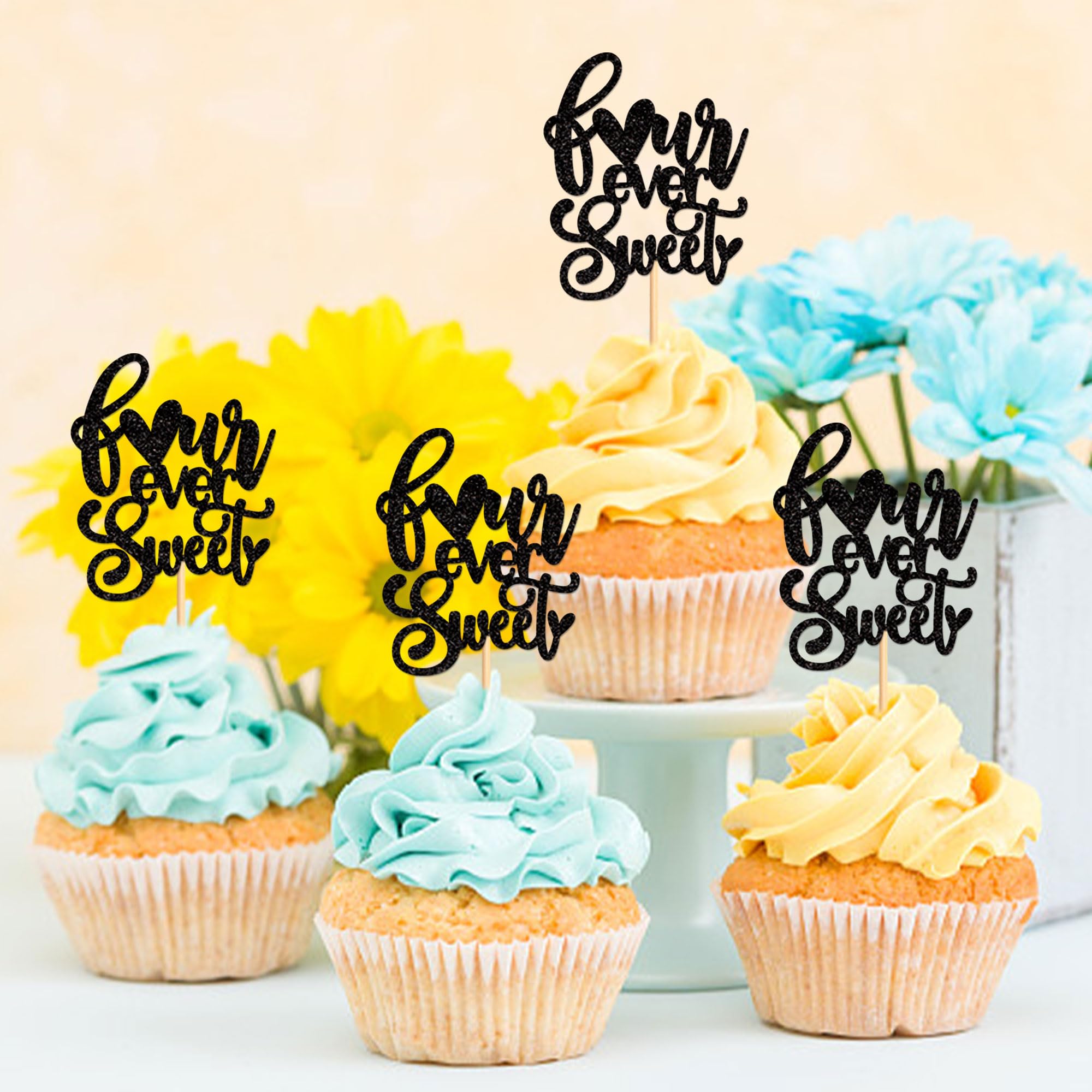 24 Pack Black Glitter Four Ever Sweet Cupcake Toppers - Premium Cake Decorations for Baby Showers, Kids 4th Birthday Parties & Themed Celebrations - Perfect for Dessert Tables, Wedding Cakes & DIY Baking Projects